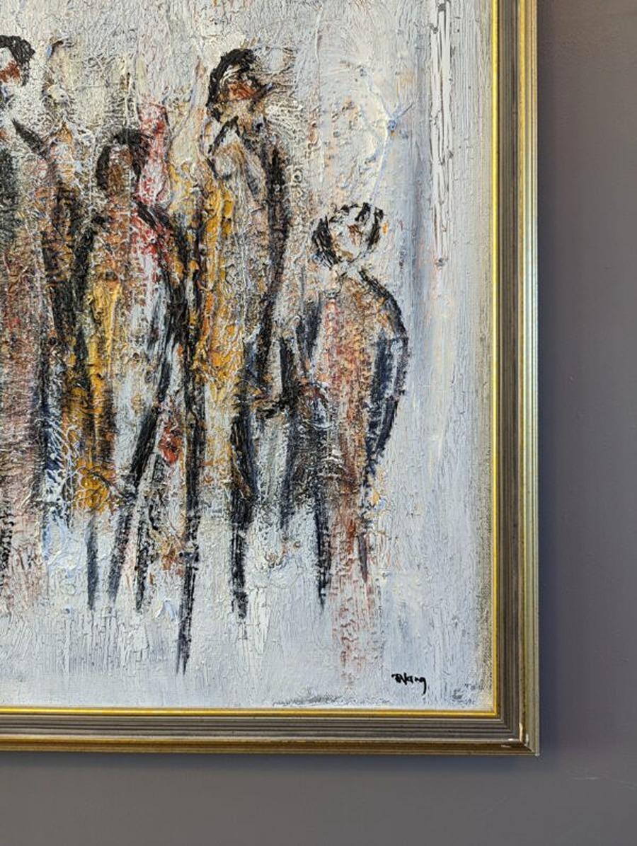 Vintage Mid-Century Modern Abstract Figurative Oil Painting - All Together For Sale 8