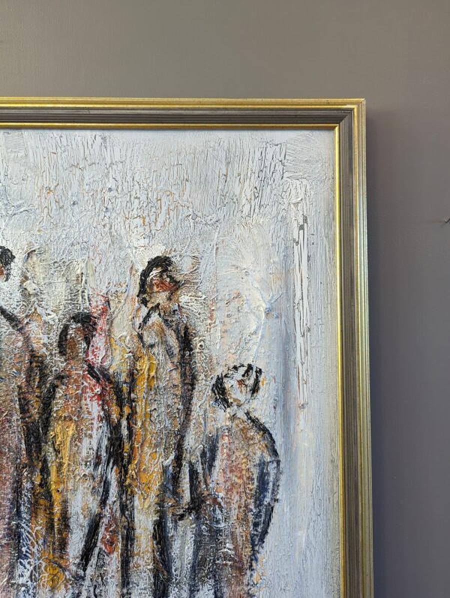 Vintage Mid-Century Modern Abstract Figurative Oil Painting - All Together For Sale 9