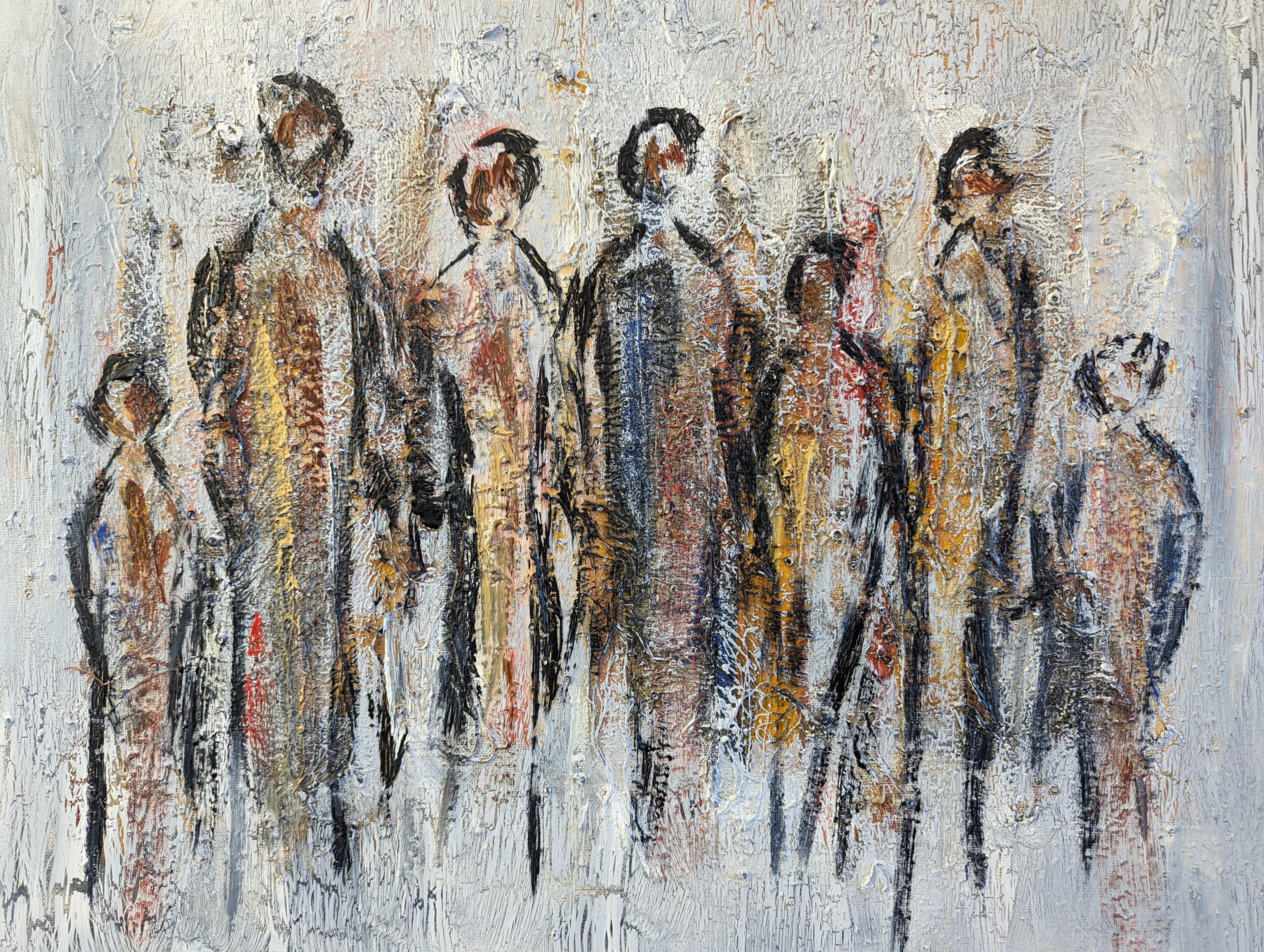 Vintage Mid-Century Modern Abstract Figurative Oil Painting - All Together For Sale 10