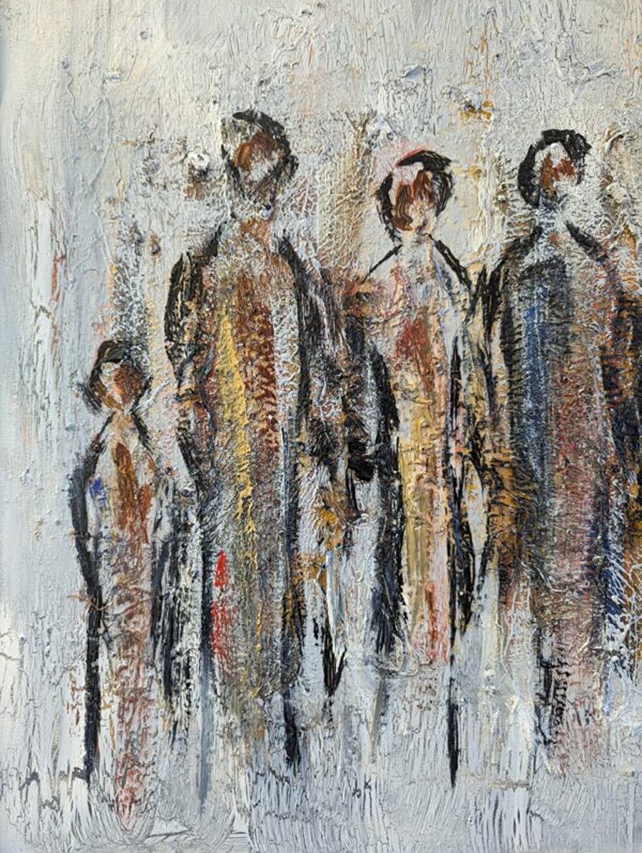 Vintage Mid-Century Modern Abstract Figurative Oil Painting - All Together For Sale 11