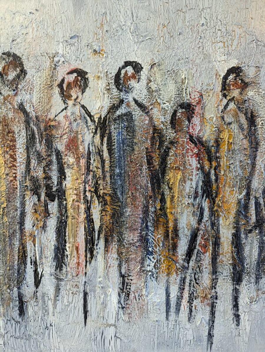 Vintage Mid-Century Modern Abstract Figurative Oil Painting - All Together For Sale 12