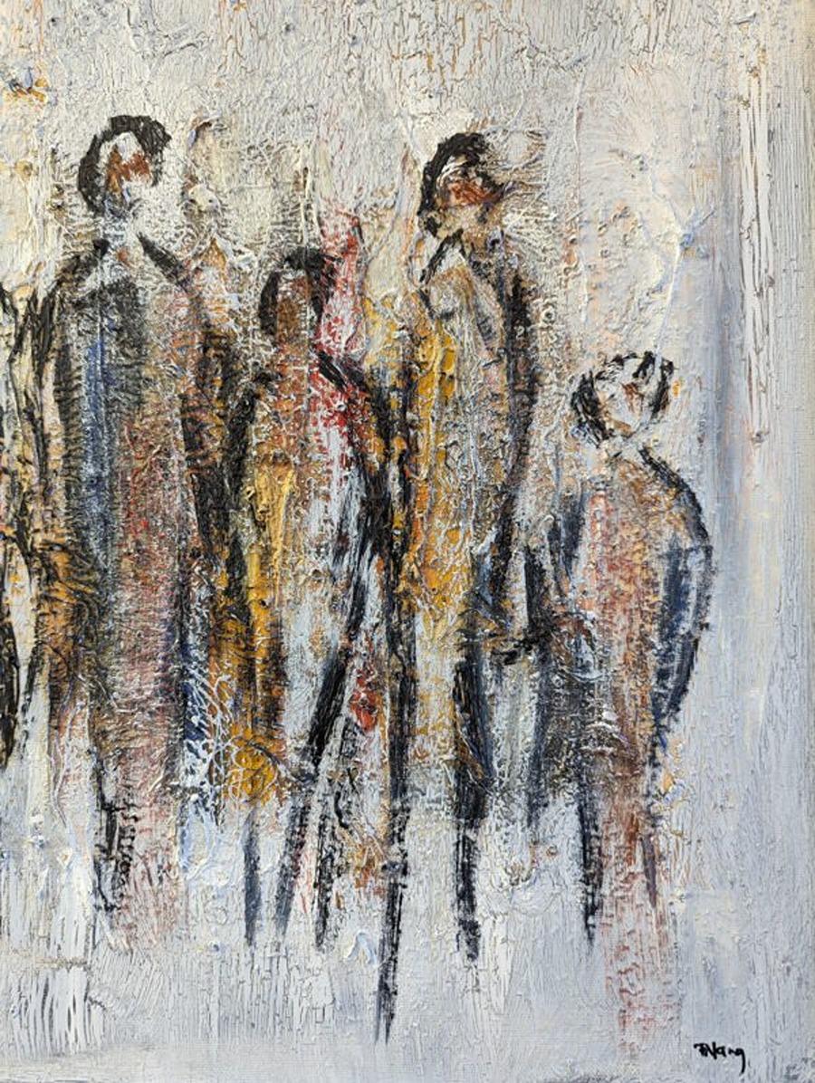 Vintage Mid-Century Modern Abstract Figurative Oil Painting - All Together For Sale 13