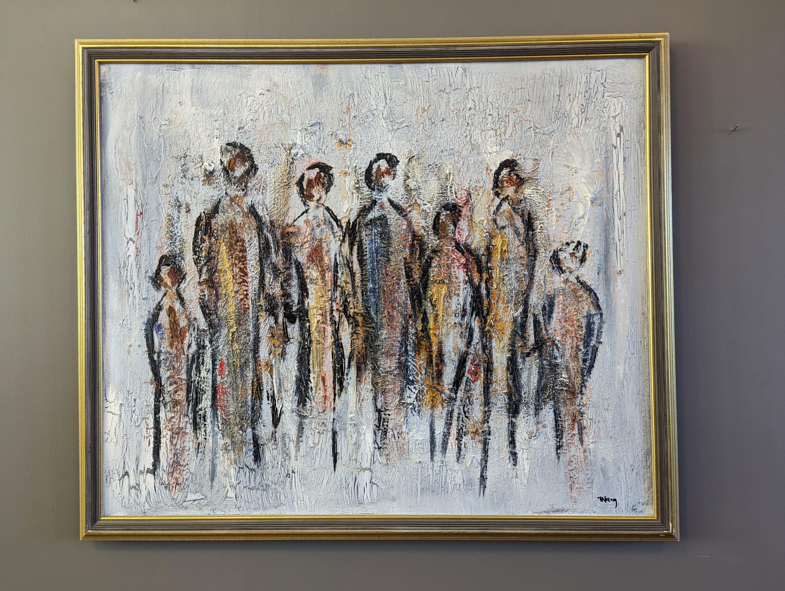 ALL TOGETHER 
Size: 55 x 64.5 cm (including frame)
Oil on canvas

A richly textured mid-century abstract figurative painting, executed in oil onto canvas.

Simple yet effective in its composition, a group of enigmatic figures takes center stage, and