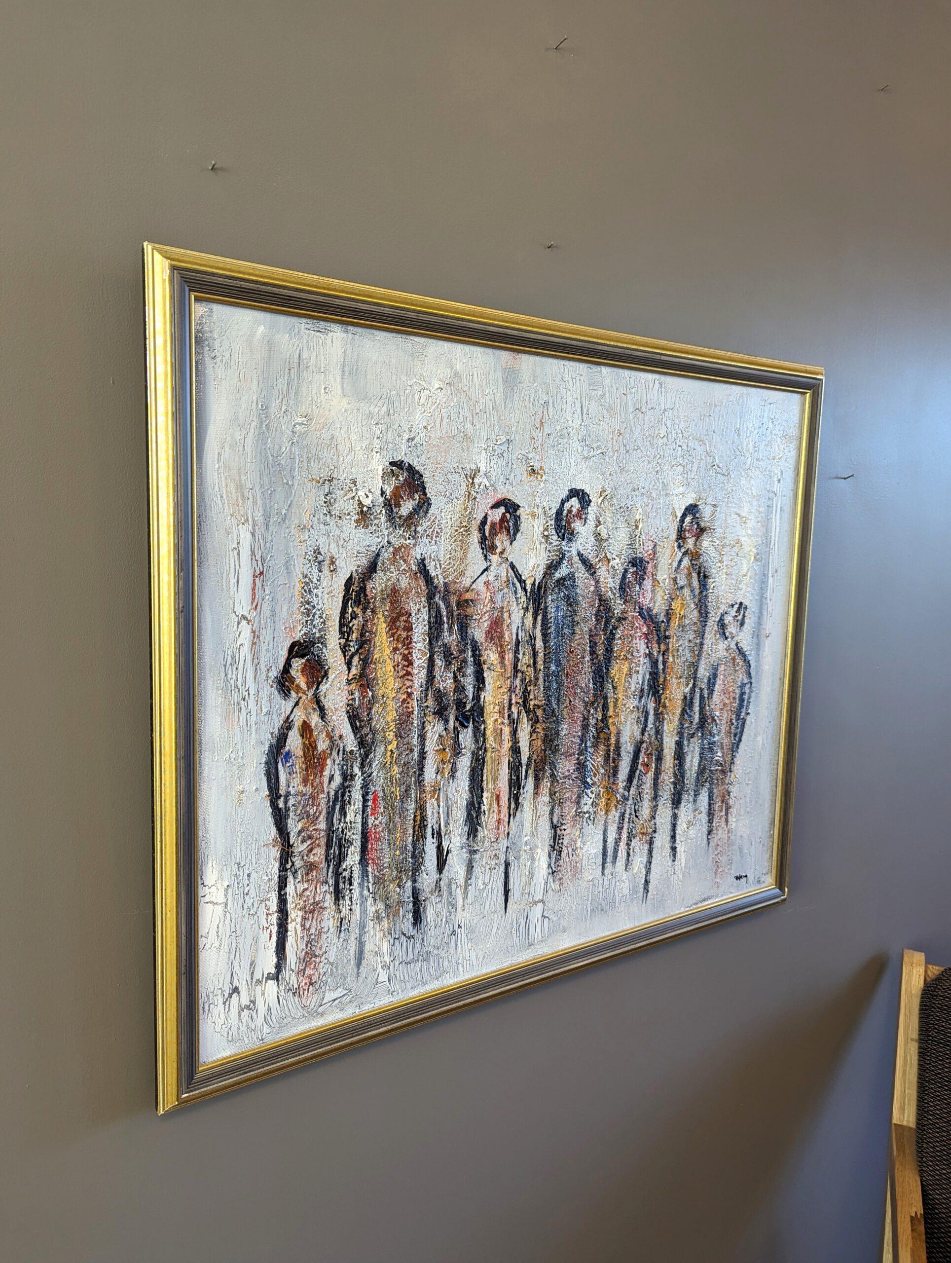 Vintage Mid-Century Modern Abstract Figurative Oil Painting - All Together For Sale 2