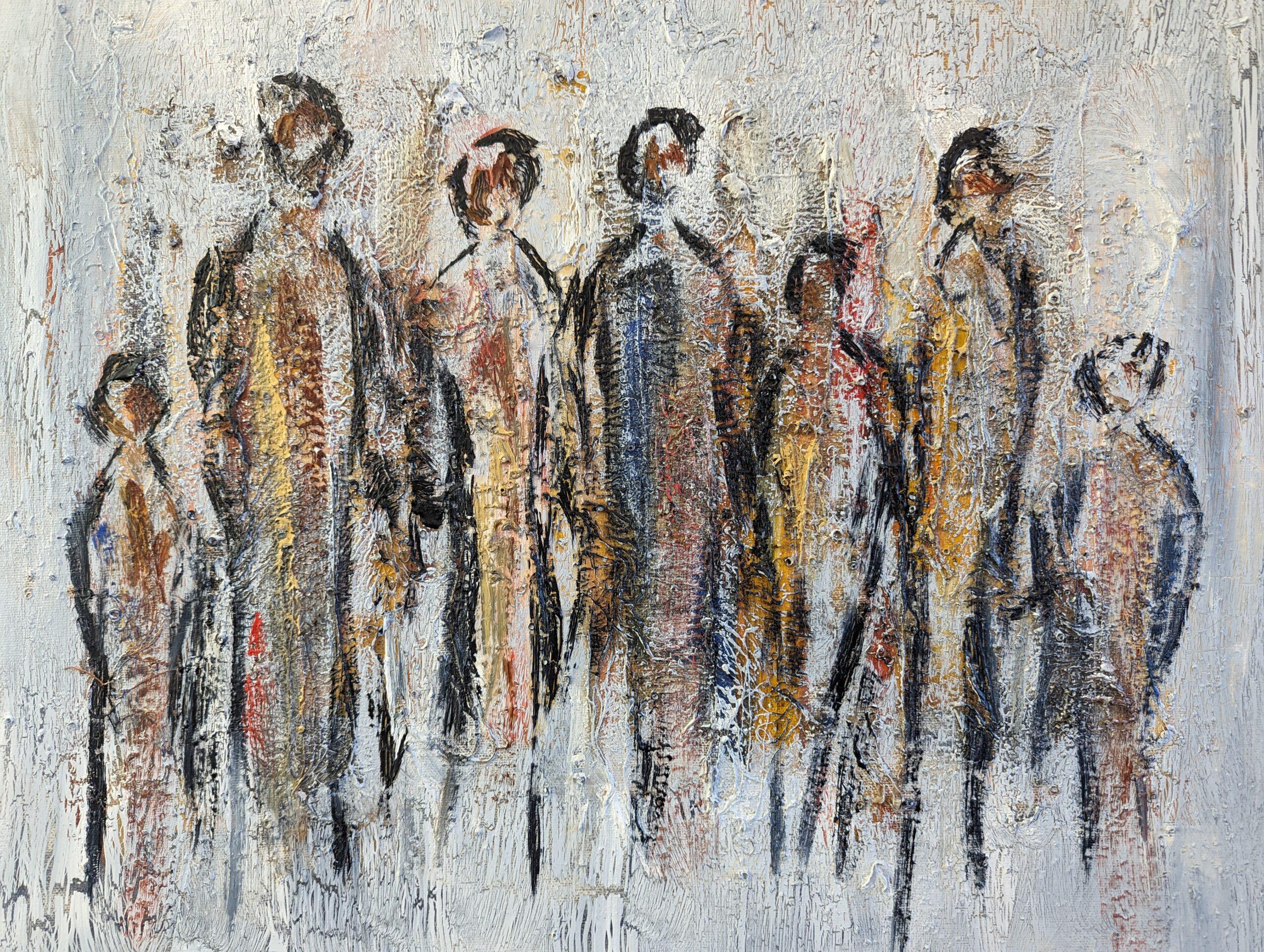 Vintage Mid-Century Modern Abstract Figurative Oil Painting - All Together For Sale 3