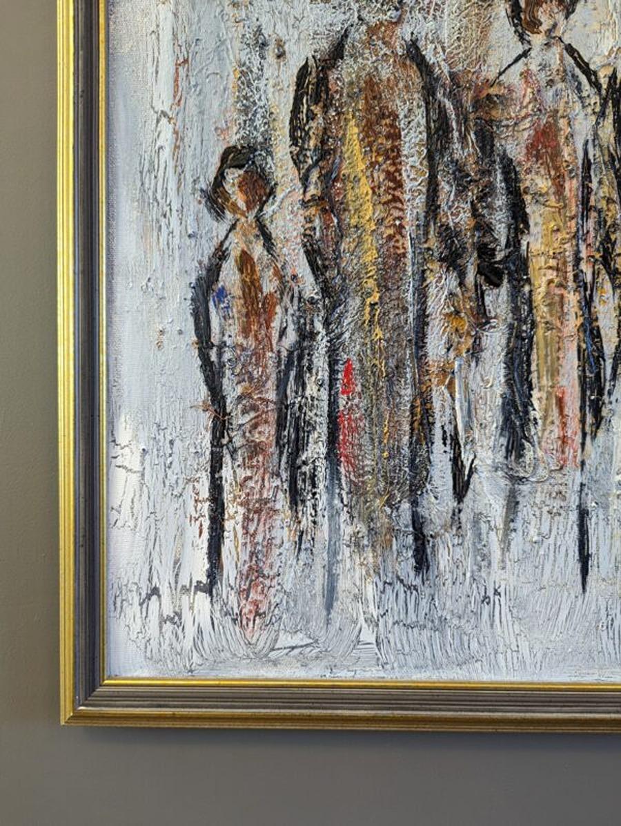 Vintage Mid-Century Modern Abstract Figurative Oil Painting - All Together For Sale 7