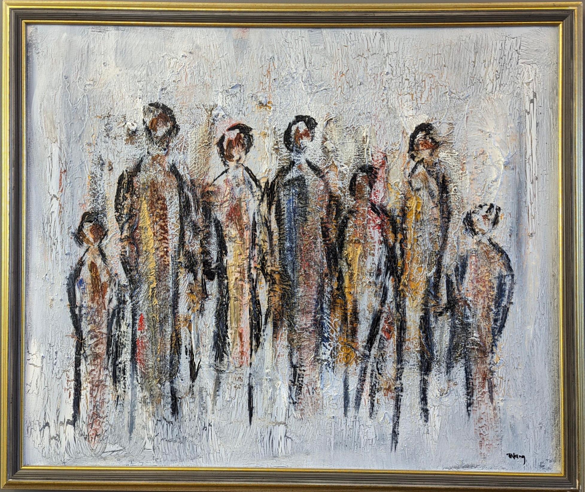 Peinture à l'huile abstraite figurative Vintage Mid-Century Modern - All Together