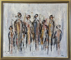 Vintage Mid-Century Modern Abstract Figurative Oil Painting - All Together