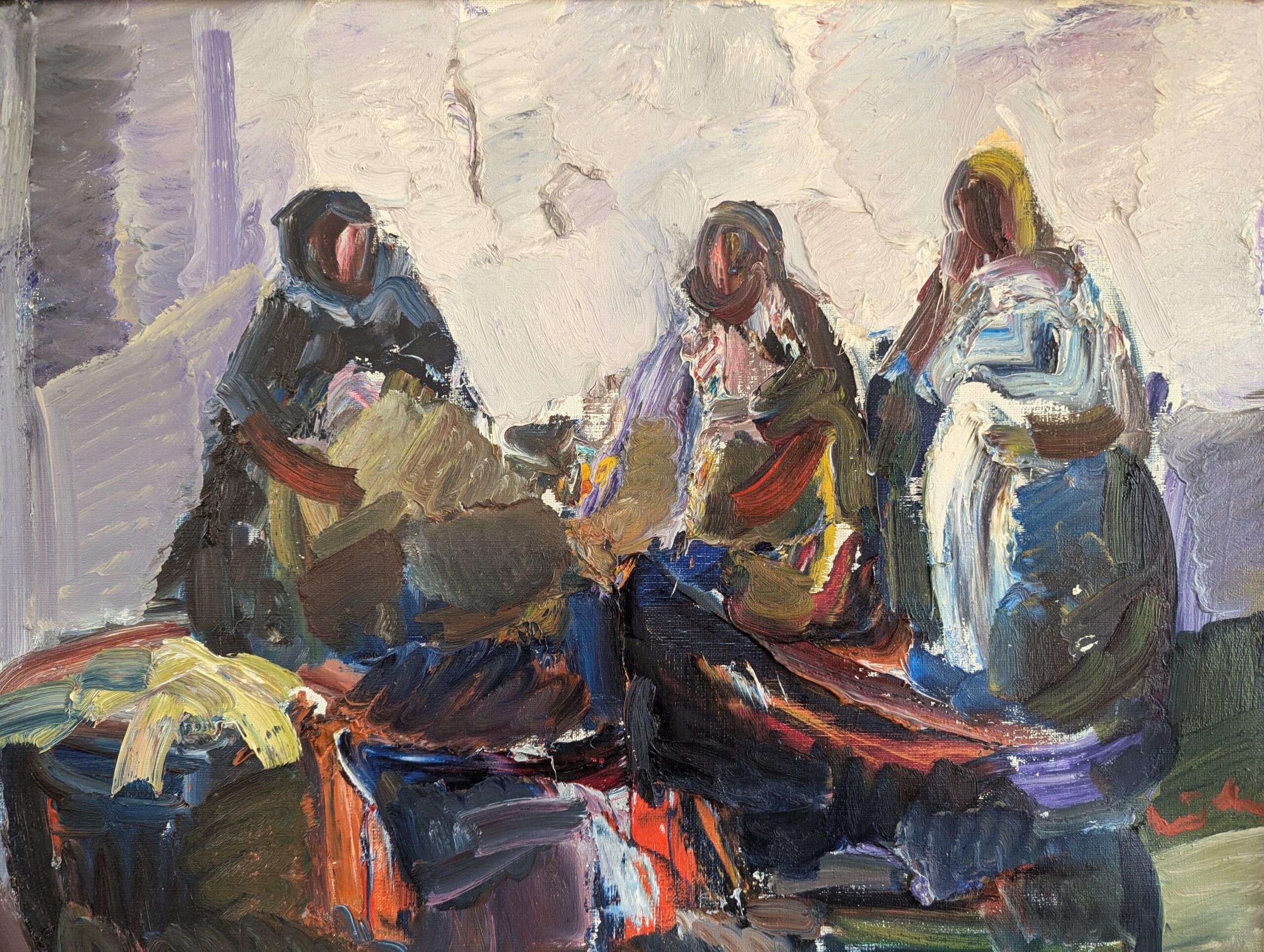 Vintage Mid-Century Modern Figurativo astratto  Pittura - Conversazioni mattutine 5
