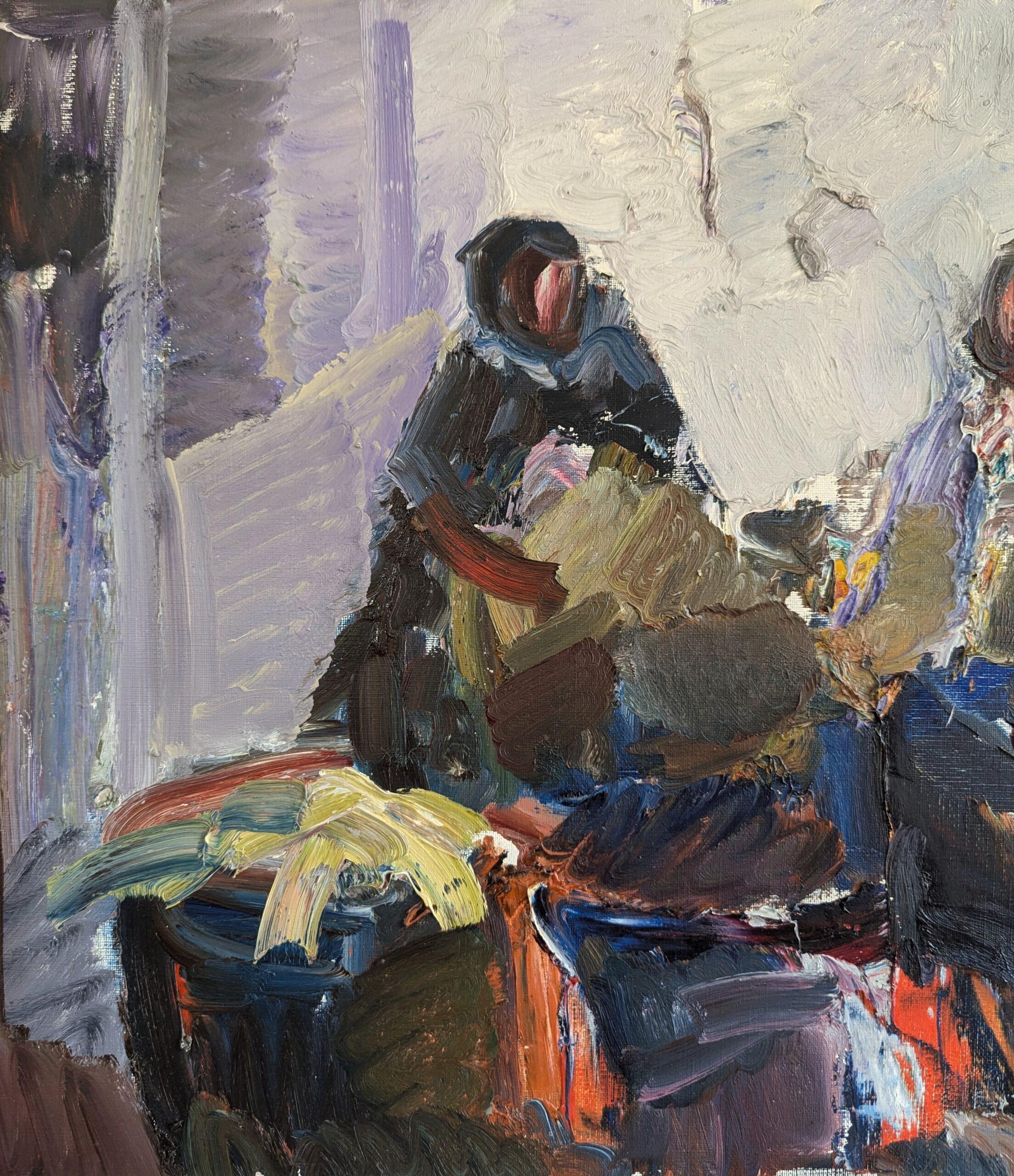 Vintage Mid-Century Modern Figurativo astratto  Pittura - Conversazioni mattutine 6