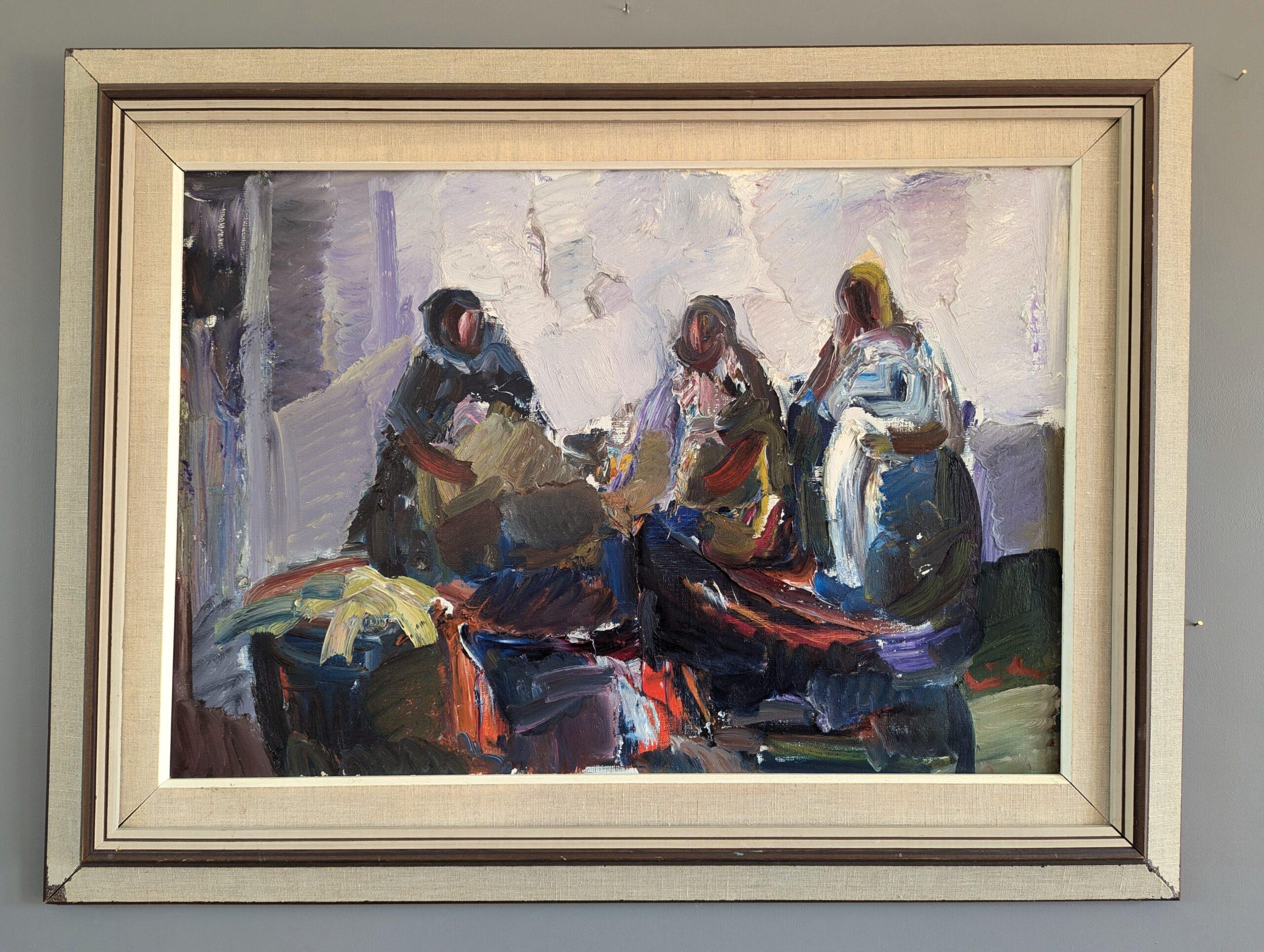 Vintage Mid-Century Modern Figurativo astratto  Pittura - Conversazioni mattutine - Painting di Unknown