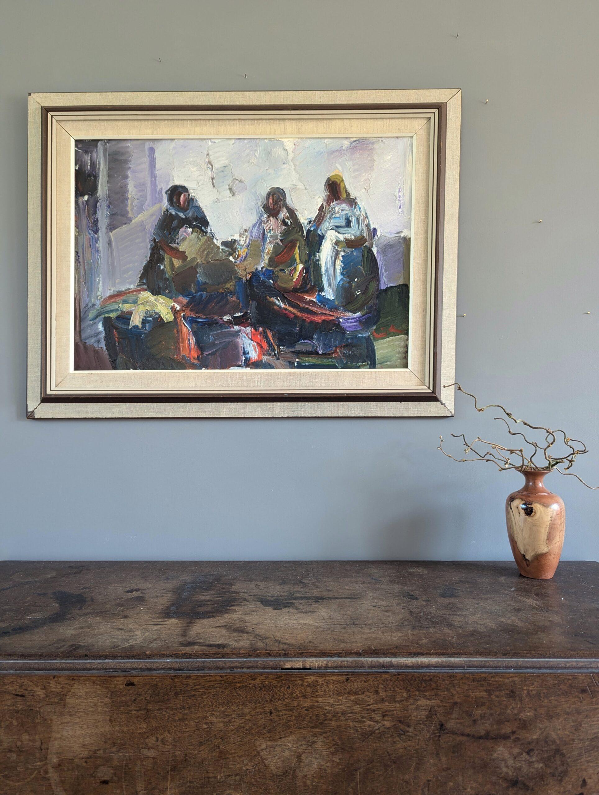 Vintage Mid-Century Modern Figurativo astratto  Pittura - Conversazioni mattutine - Painting Moderno di Unknown