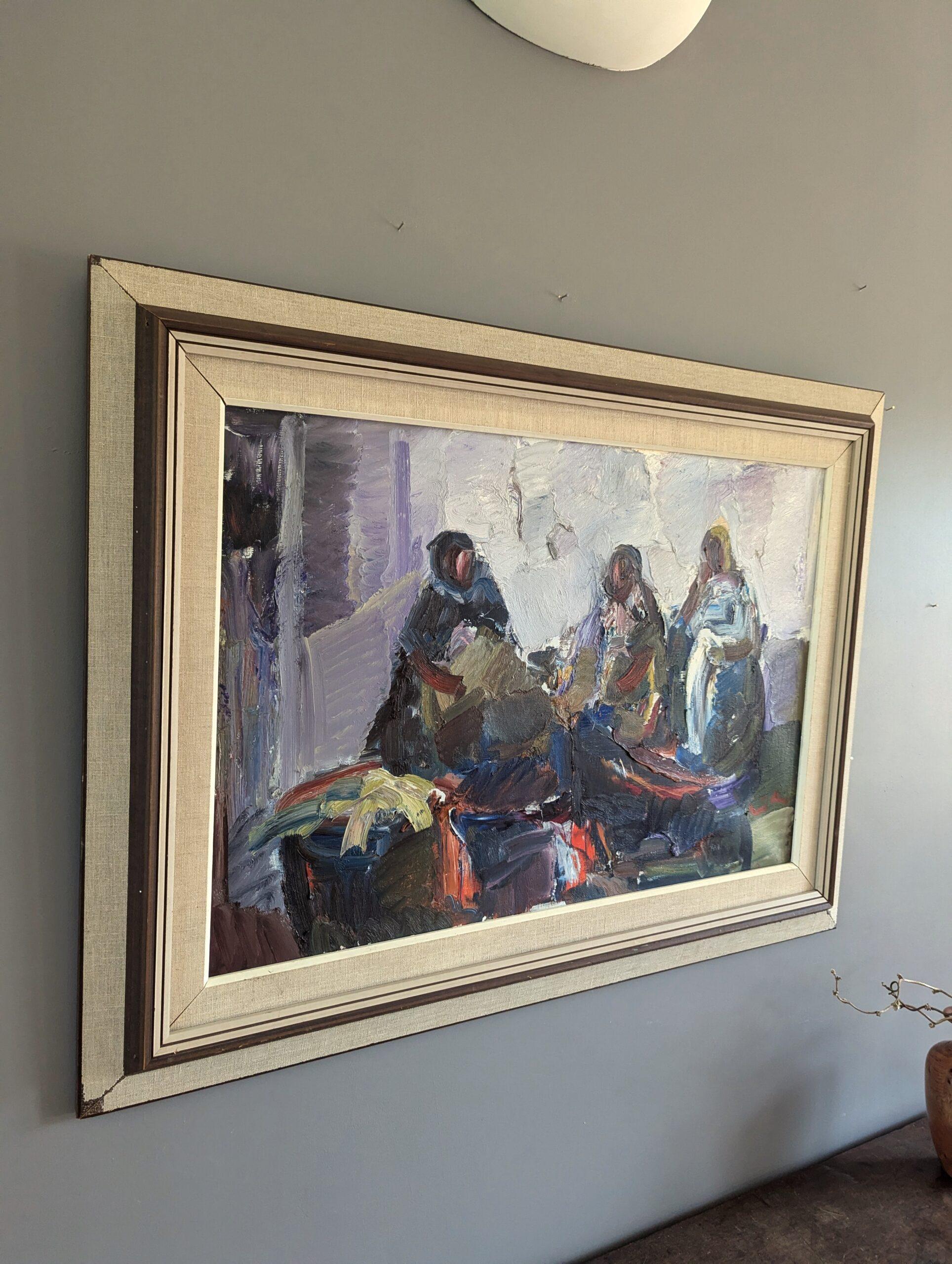 Vintage Mid-Century Modern Figurativo astratto  Pittura - Conversazioni mattutine - Figurative Painting Marrone di Unknown
