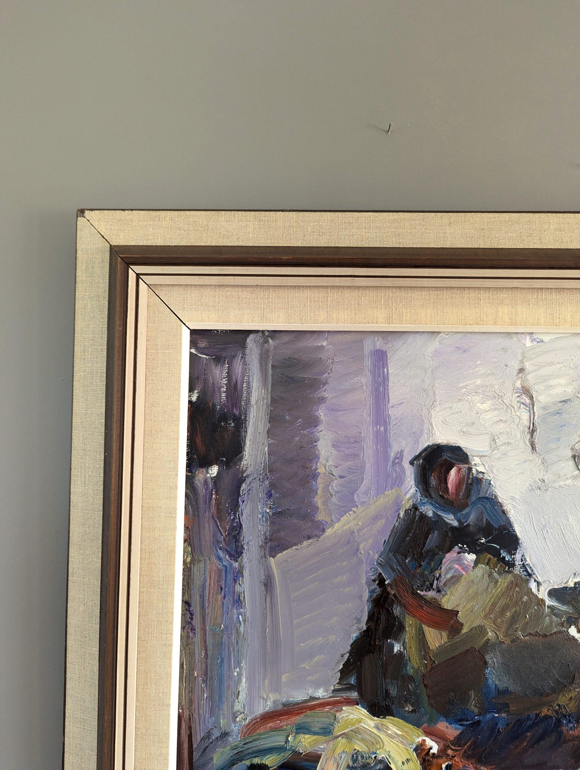 Vintage Mid-Century Modern Figurativo astratto  Pittura - Conversazioni mattutine 1