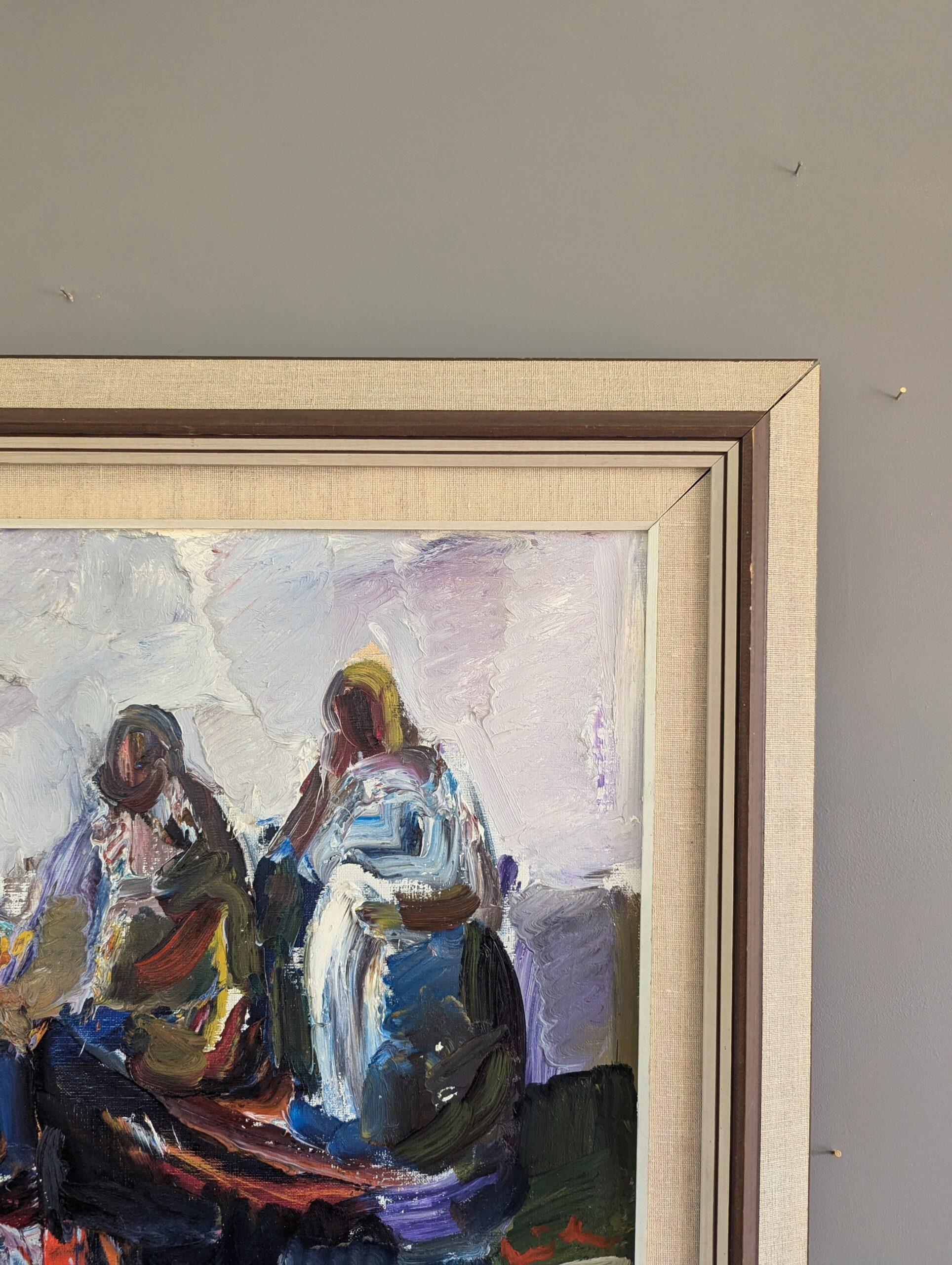 Vintage Mid-Century Modern Figurativo astratto  Pittura - Conversazioni mattutine 2