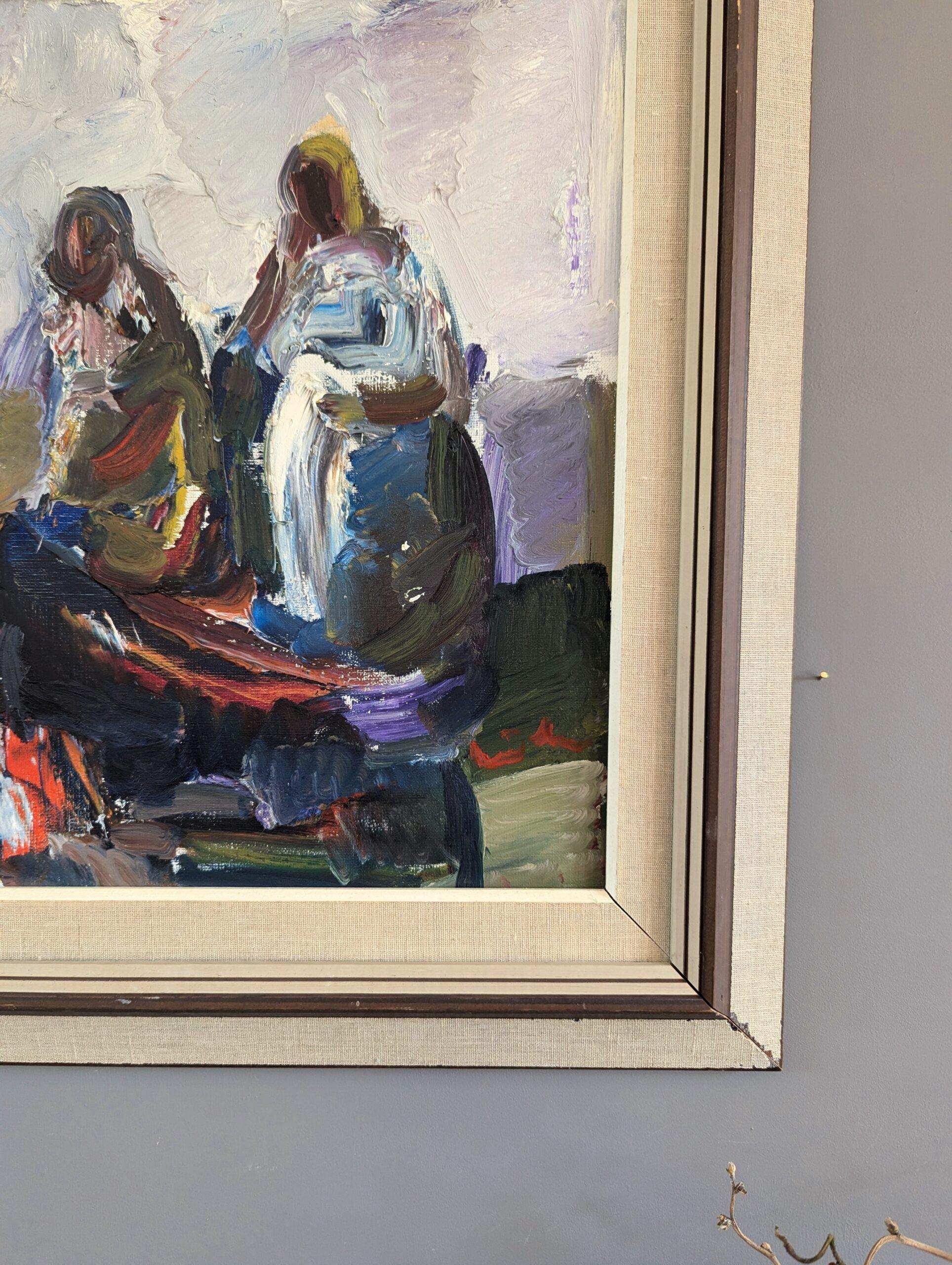 Vintage Mid-Century Modern Figurativo astratto  Pittura - Conversazioni mattutine 4