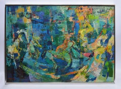 Vintage Mid Century Modern Abstract Horse & Carousel Ride Signed Oil Painting