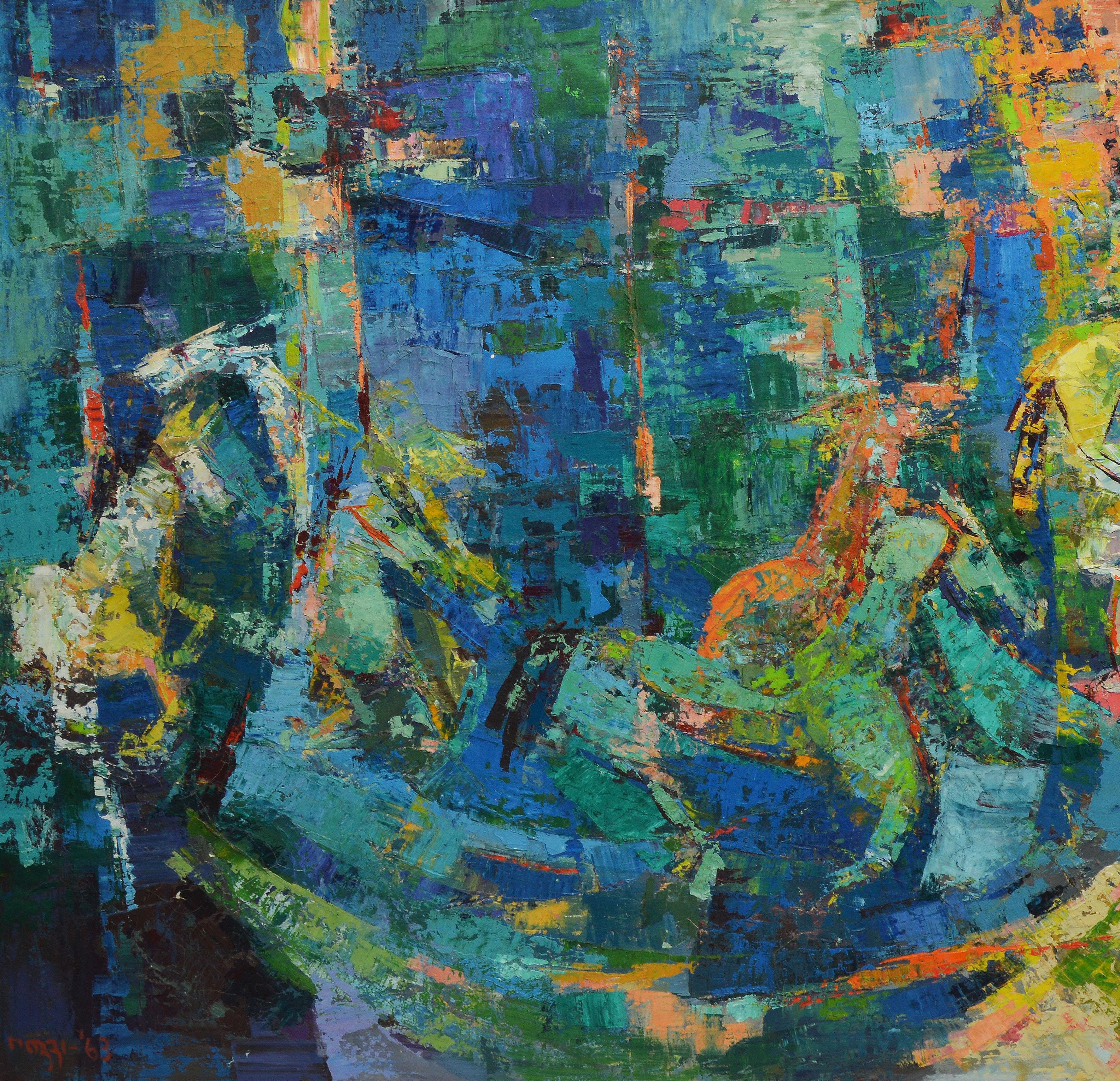 Vintage mid century modern abstract horse carousel painting.  Oil on canvas, circa 1966.  Signed.  Displayed in a silver metal frame.  Image, 30
