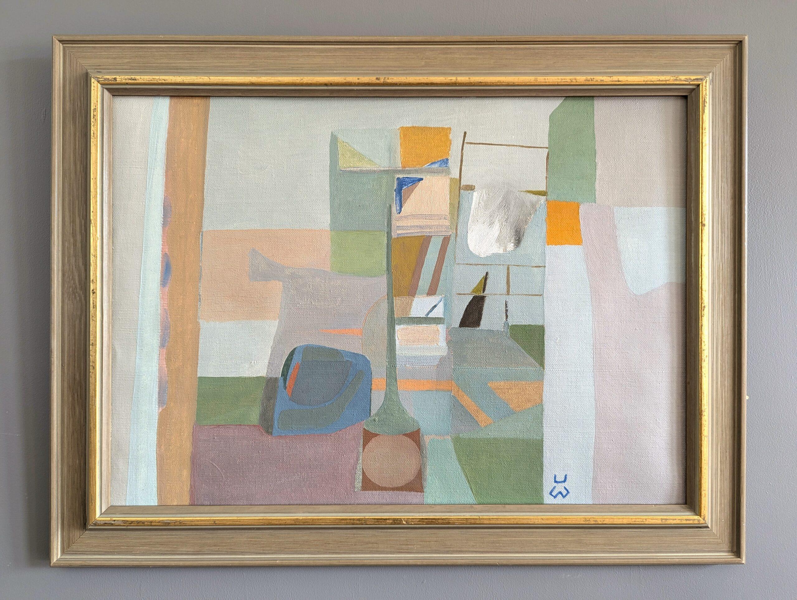 BY THE BATH
Size: 41 x 53 cm (including frame)
Oil on Canvas

A captivating geometric abstraction composition entitled ‘By the Bath’,  executed in oil onto canvas and painted in the 1970s.

The composition centers around a shower setting where we