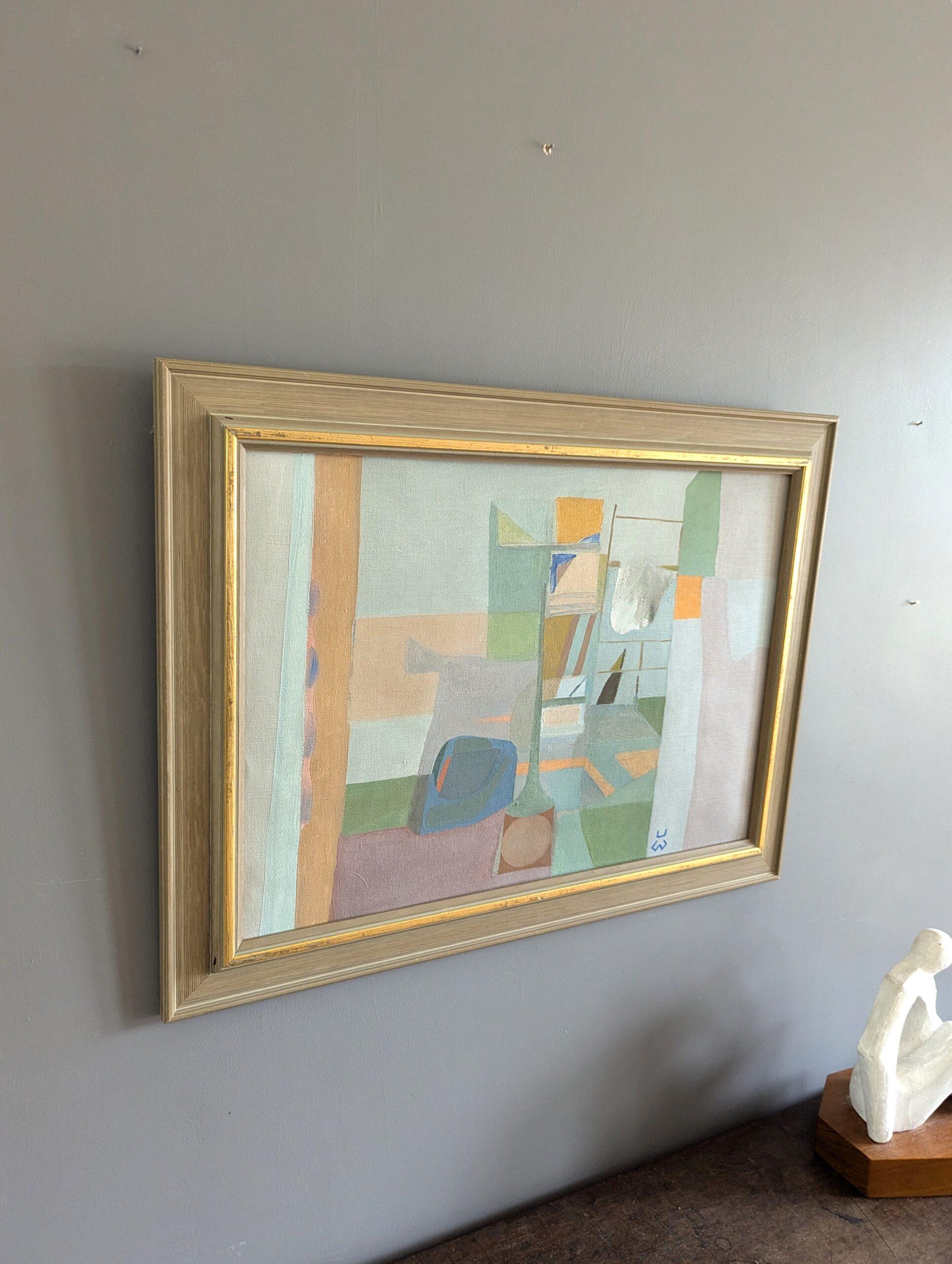 Vintage Mid-Century Modern Abstract  Interior Scene Oil Painting - By the Bath 2