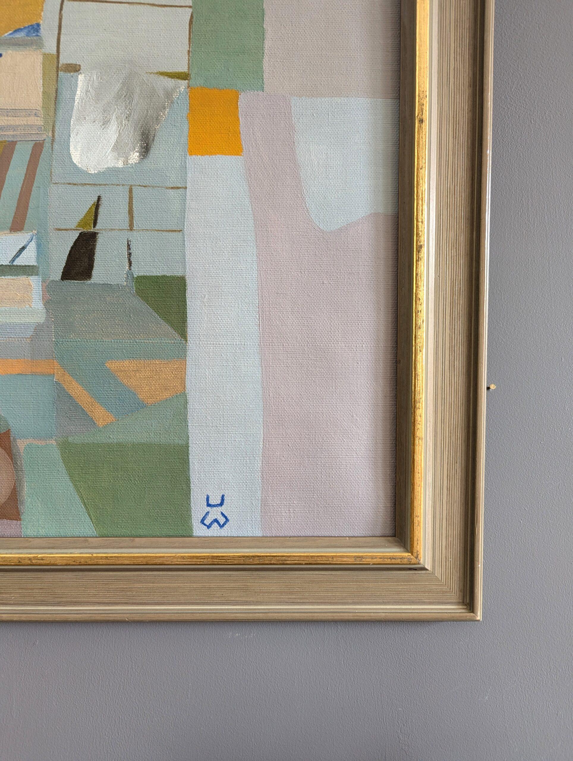 Vintage Mid-Century Modern Abstract  Interior Scene Oil Painting - By the Bath 5