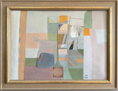 Vintage Mid-Century Modern Abstract  Interior Scene Oil Painting - By the Bath