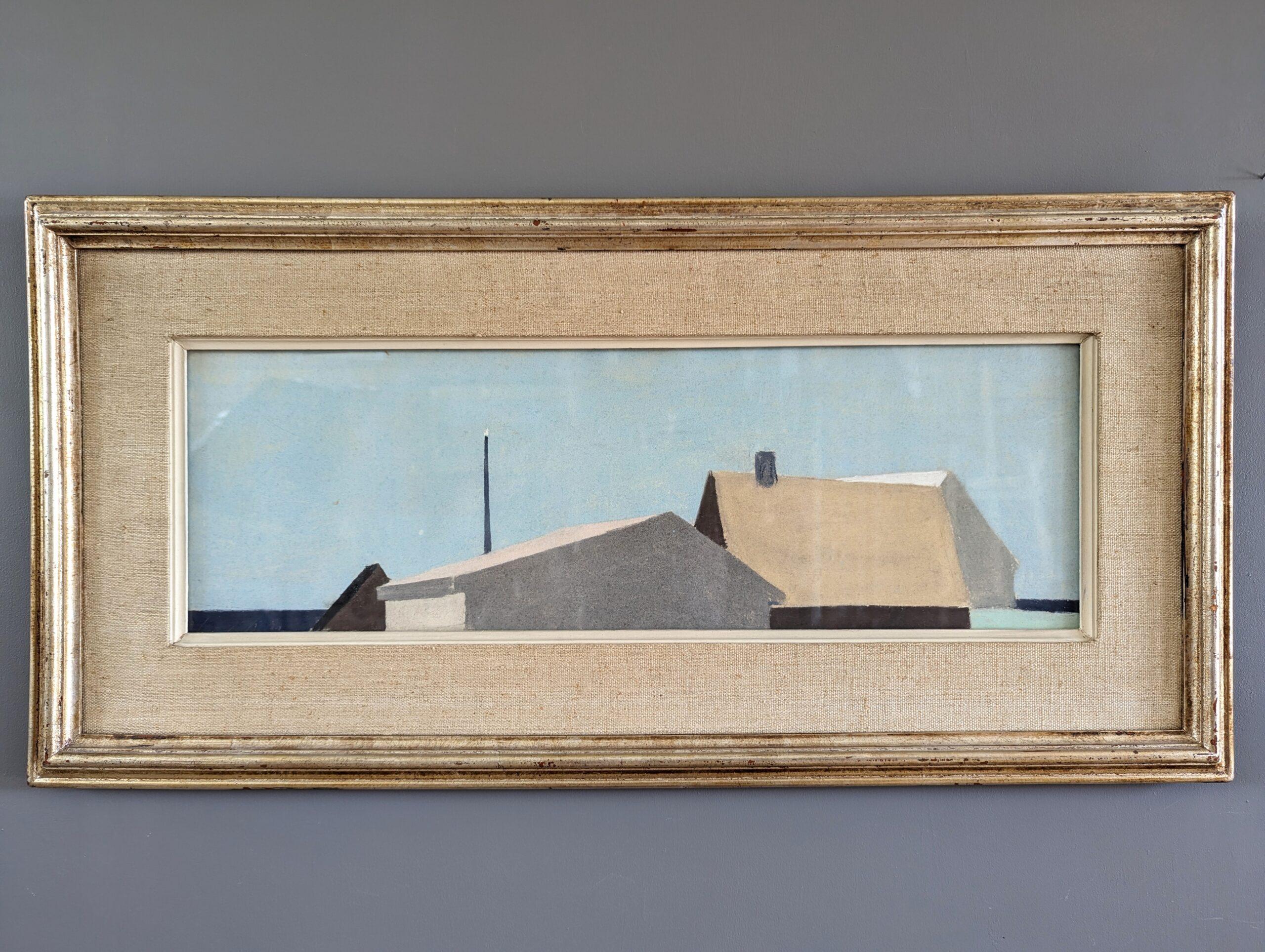 Paisaje abstracto vintage de mediados de siglo moderno Casas Pintura al pastel - Azul cielo - Painting de Unknown