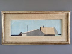 Vintage Mid-Century Modern Abstract Landscape Houses Pastel Painting - Sky Blue