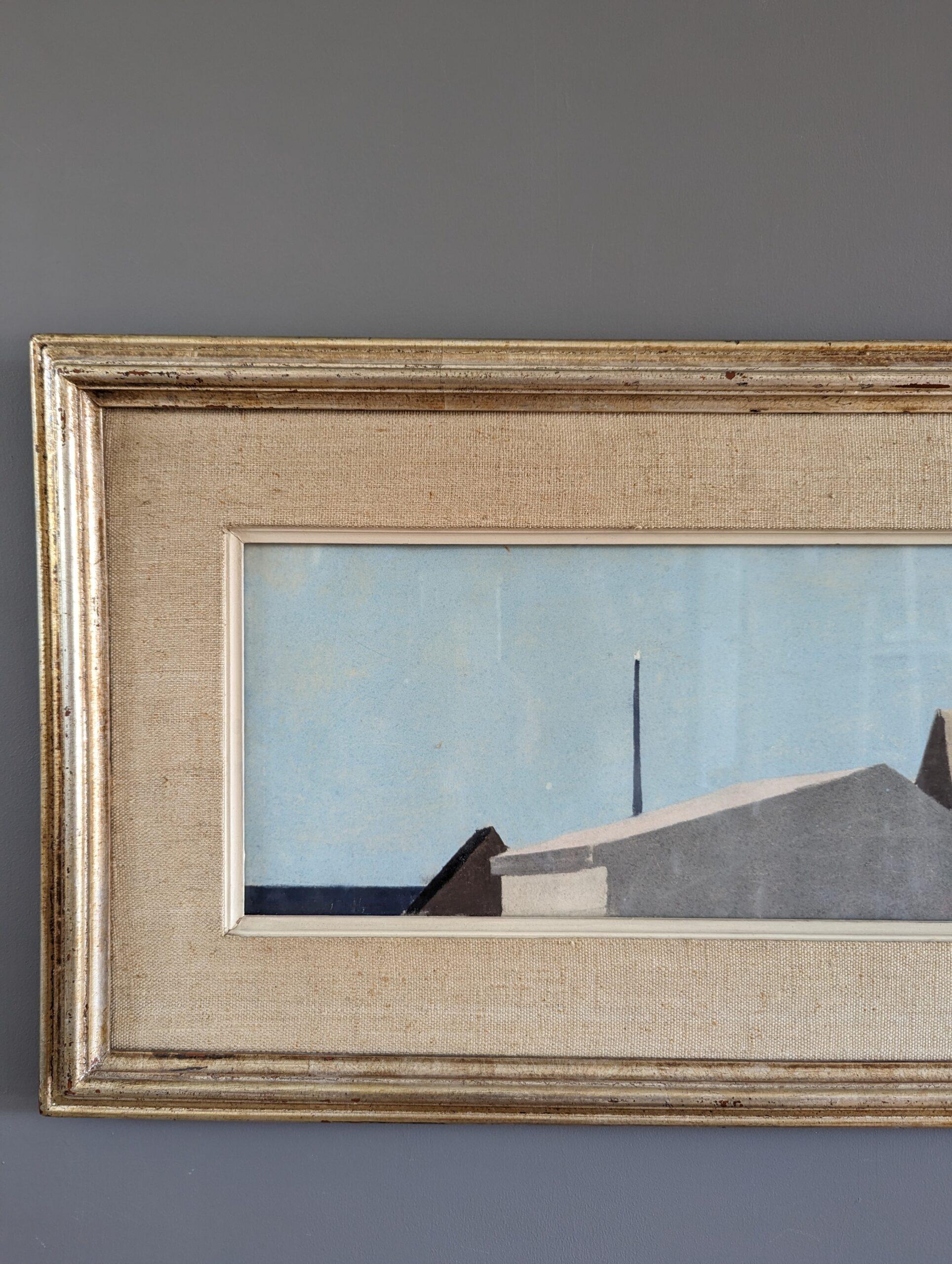 Paisaje abstracto vintage de mediados de siglo moderno Casas Pintura al pastel - Azul cielo 3