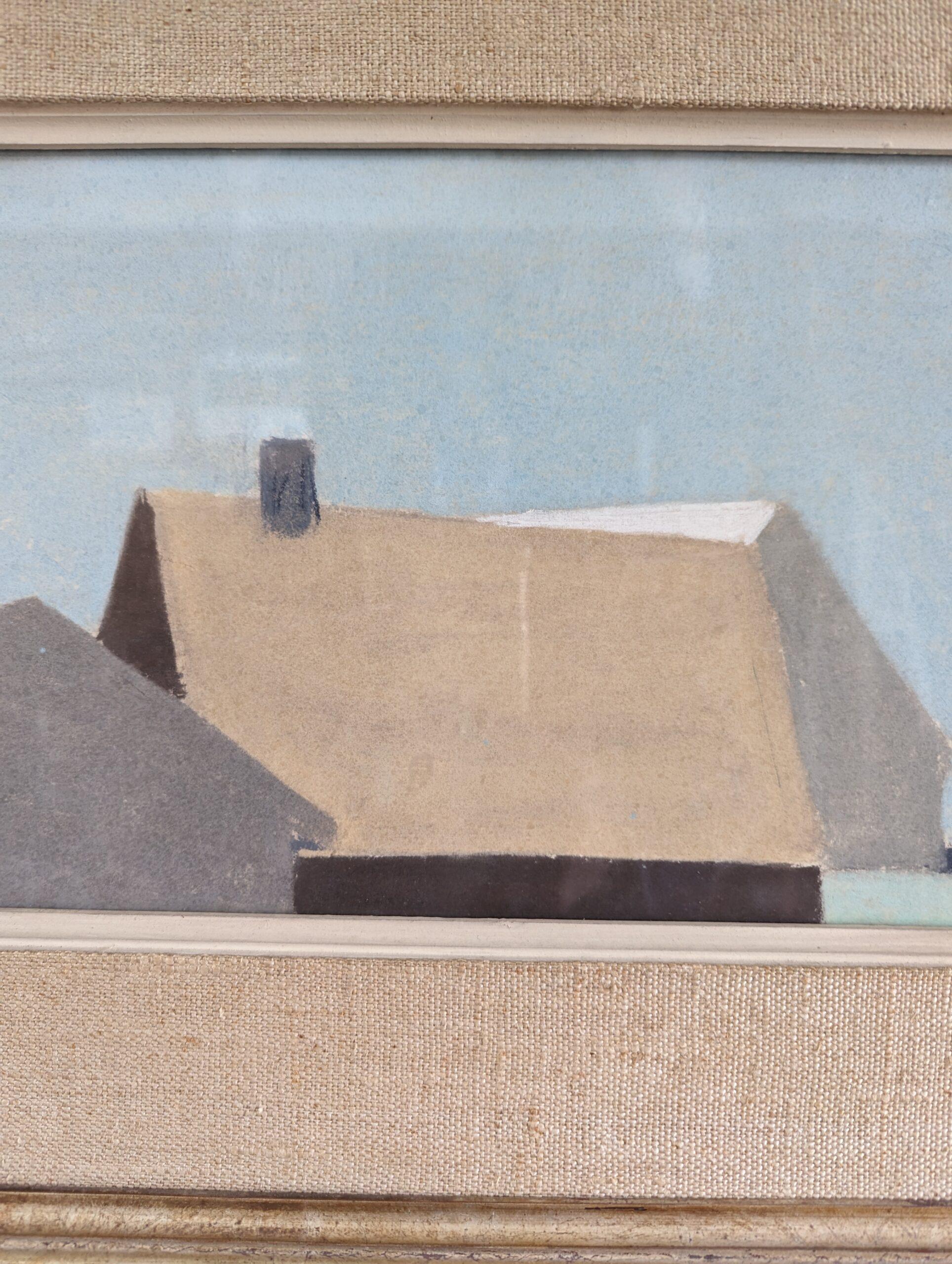 Paisaje abstracto vintage de mediados de siglo moderno Casas Pintura al pastel - Azul cielo 4