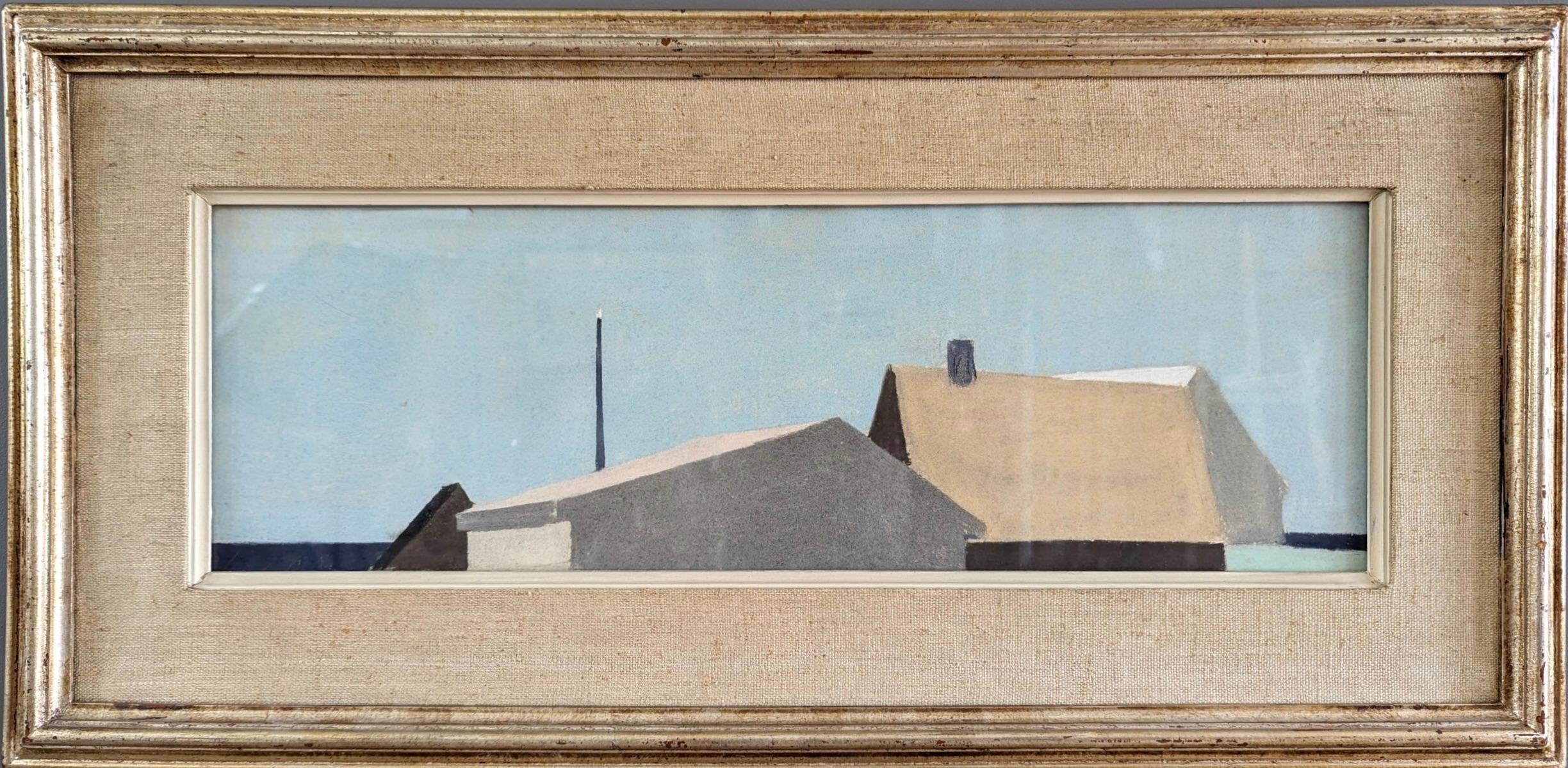 Unknown Landscape Painting - Vintage Mid-Century Modern Abstract Landscape Houses Pastel Painting - Sky Blue