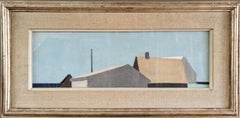 Vintage Mid-Century Modern Abstrakte Landschaftshäuser Pastellgemälde - Himmelblau