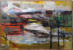 Vintage Mid Century Modern Abstract Landscape Monogrammed American Oil Painting