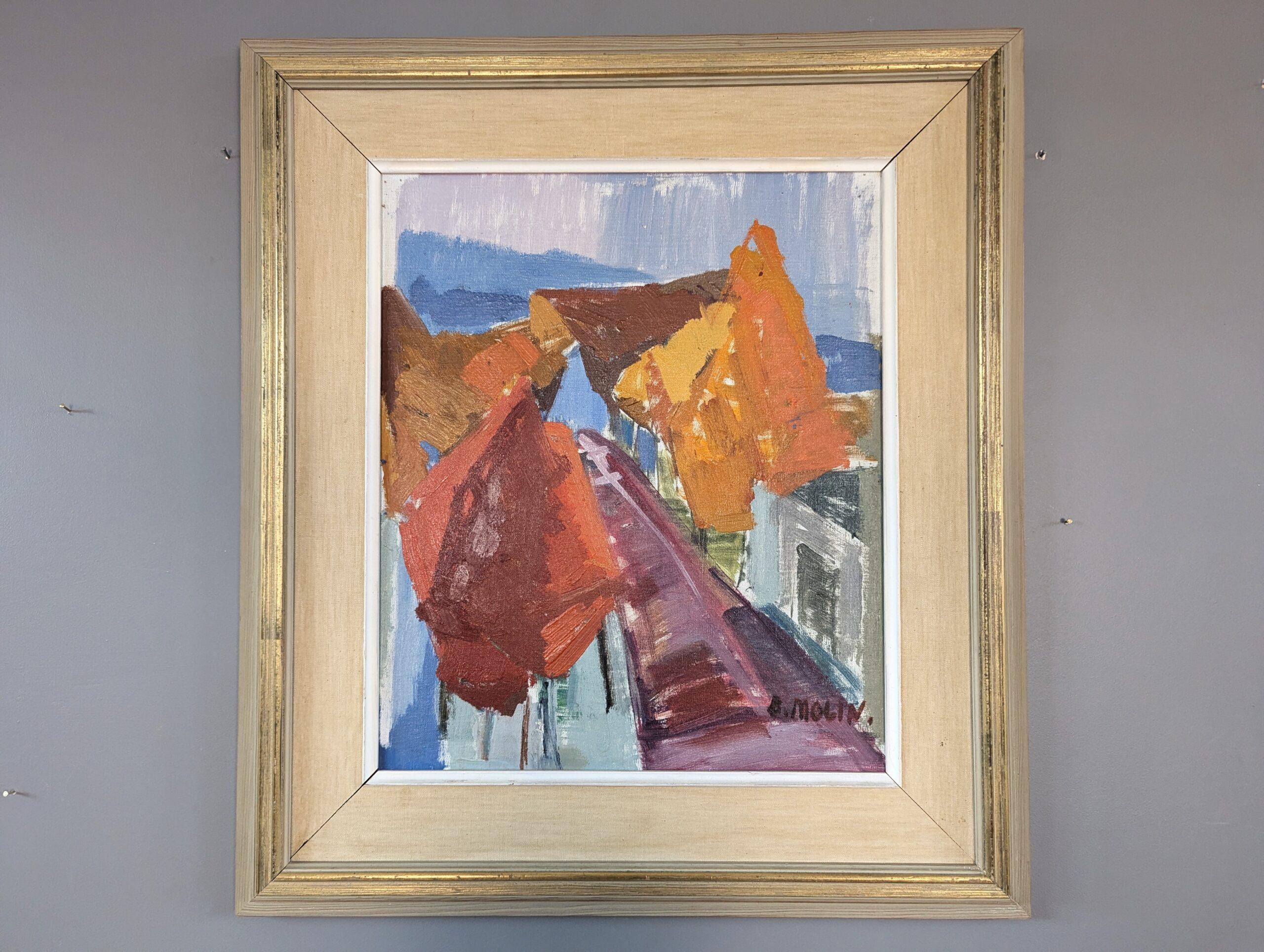 Vintage Mid-Century Modern Abstract Landscape Oil Painting - Autumn Streetwalk (Passeggiata d'autunno) - Landscape Painting Marrone di Unknown