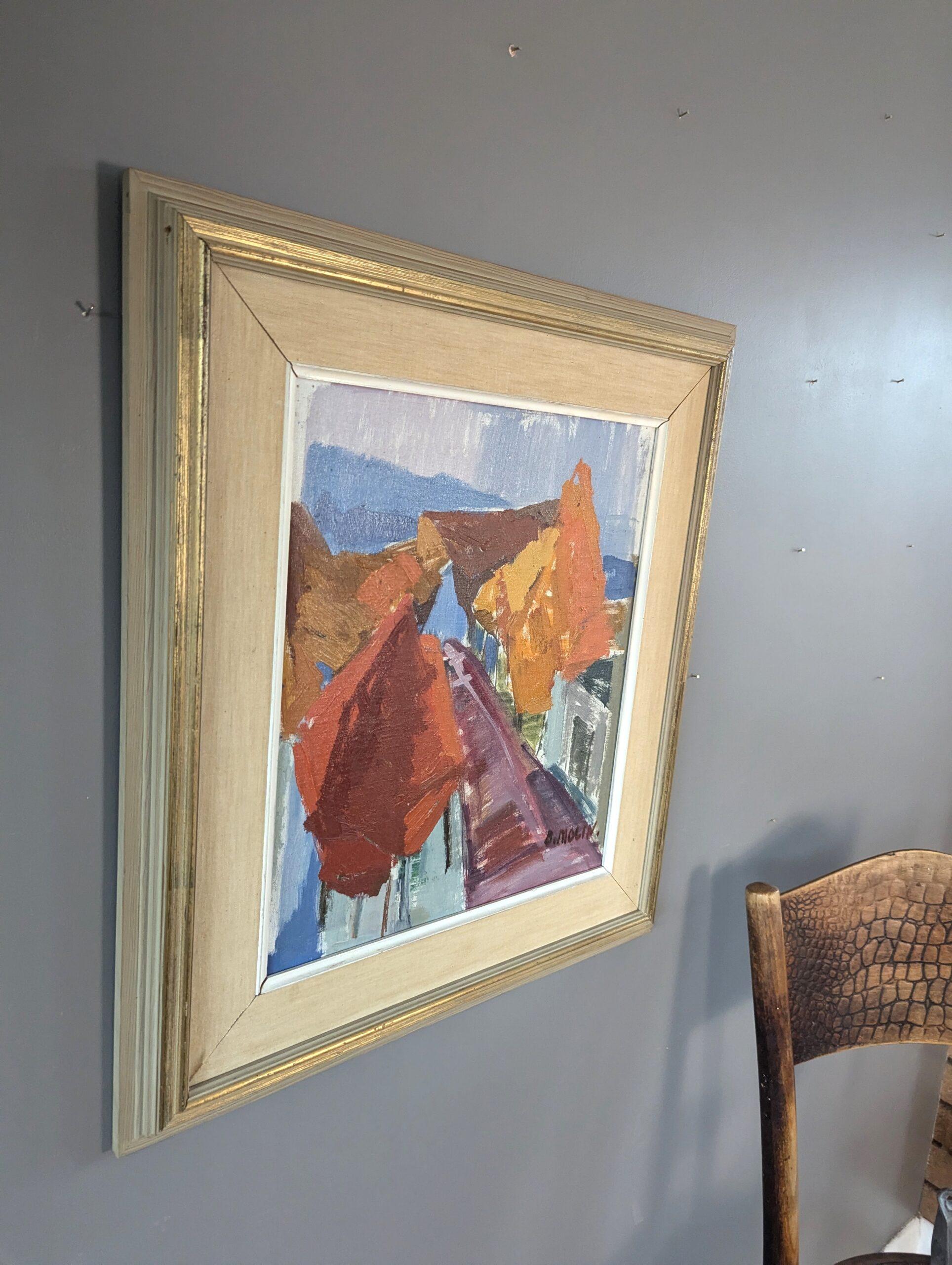 Vintage Mid-Century Modern Abstract Landscape Oil Painting - Autumn Streetwalk (Passeggiata d'autunno) in vendita 1