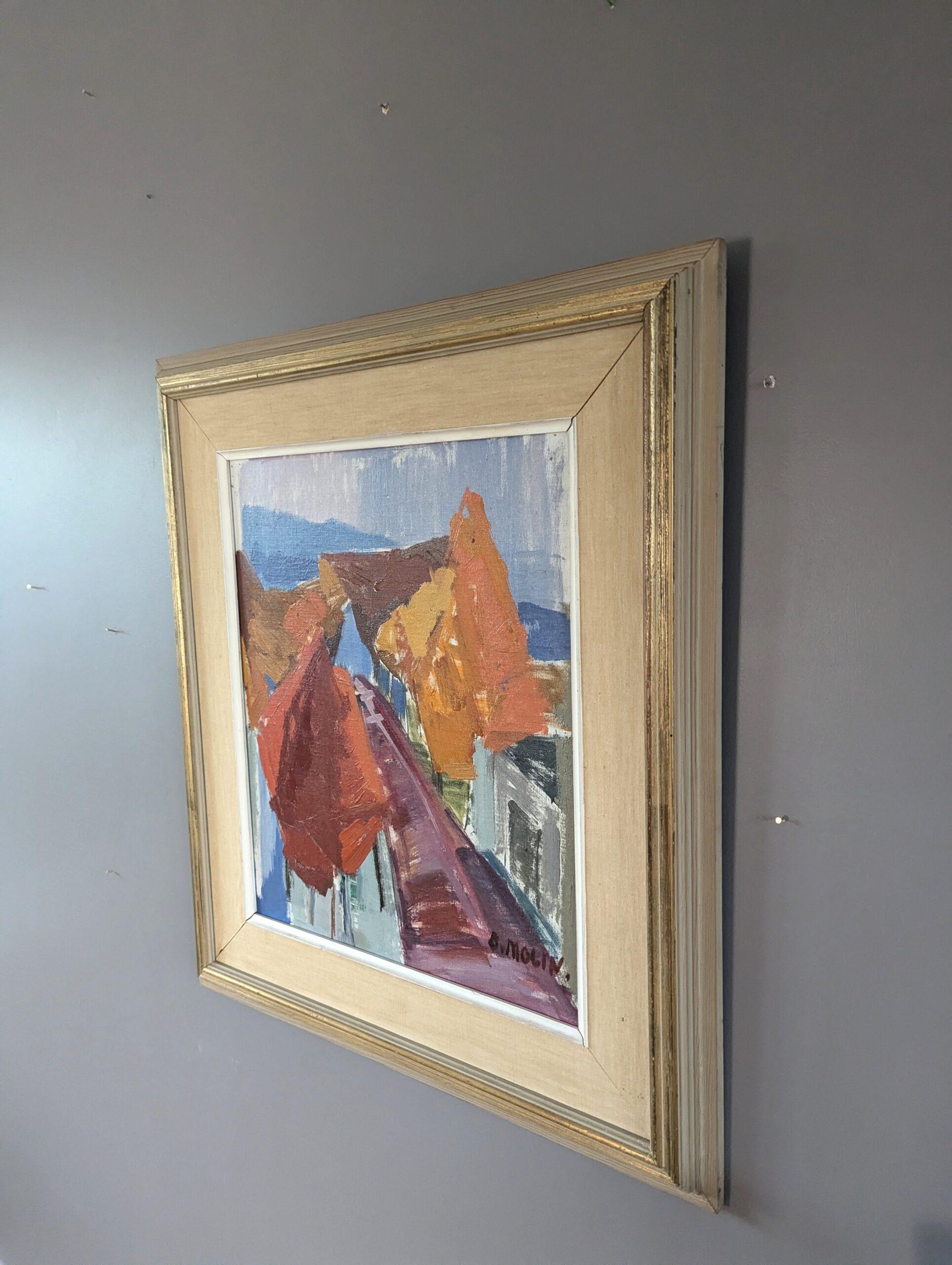 Vintage Mid-Century Modern Abstract Landscape Oil Painting - Autumn Streetwalk (Passeggiata d'autunno) in vendita 2
