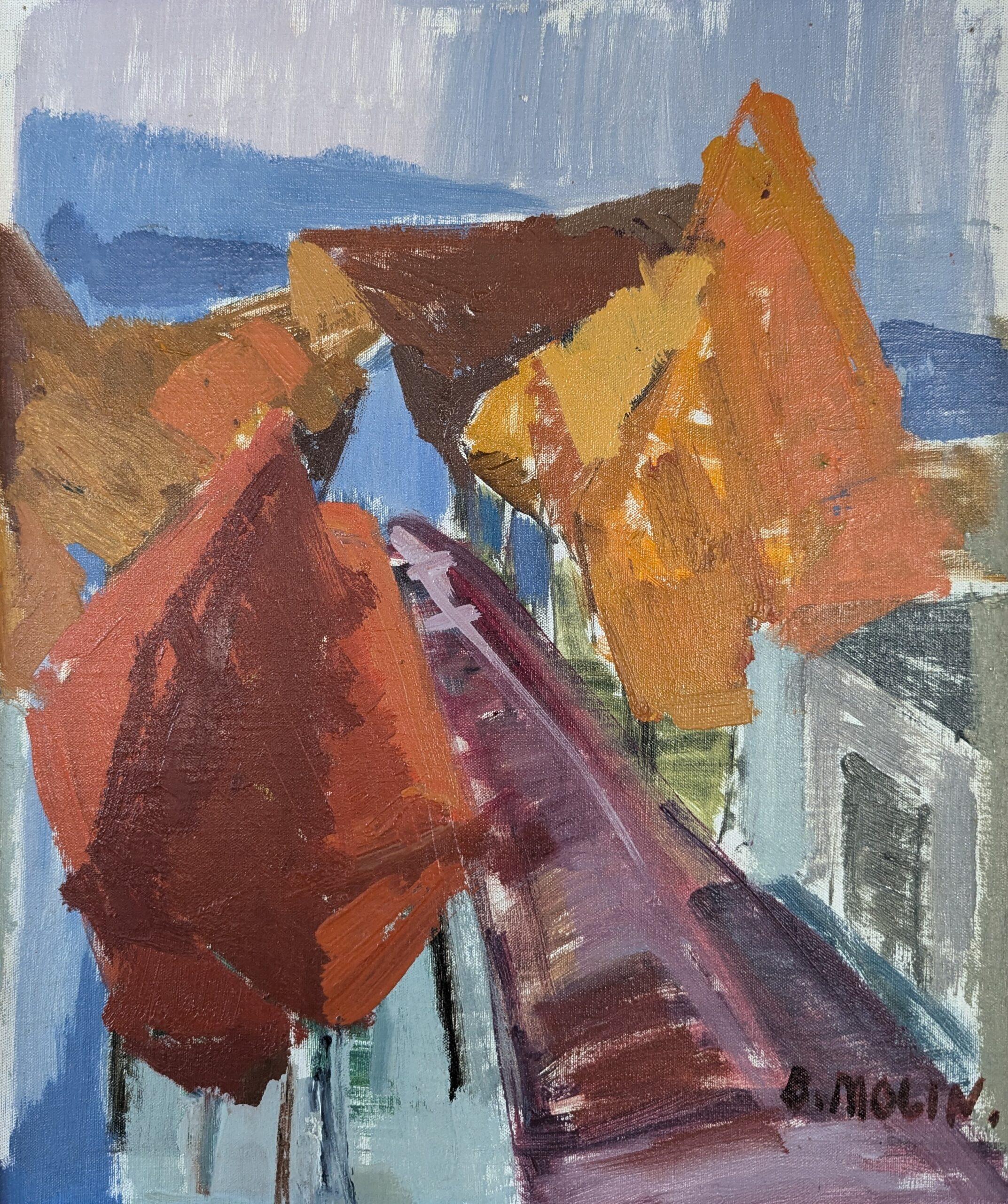 Vintage Mid-Century Modern Abstract Landscape Oil Painting - Autumn Streetwalk (Passeggiata d'autunno) in vendita 4