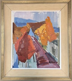 Vintage Pintura al óleo de paisaje abstracto moderno de mediados de siglo - Otoño callejero