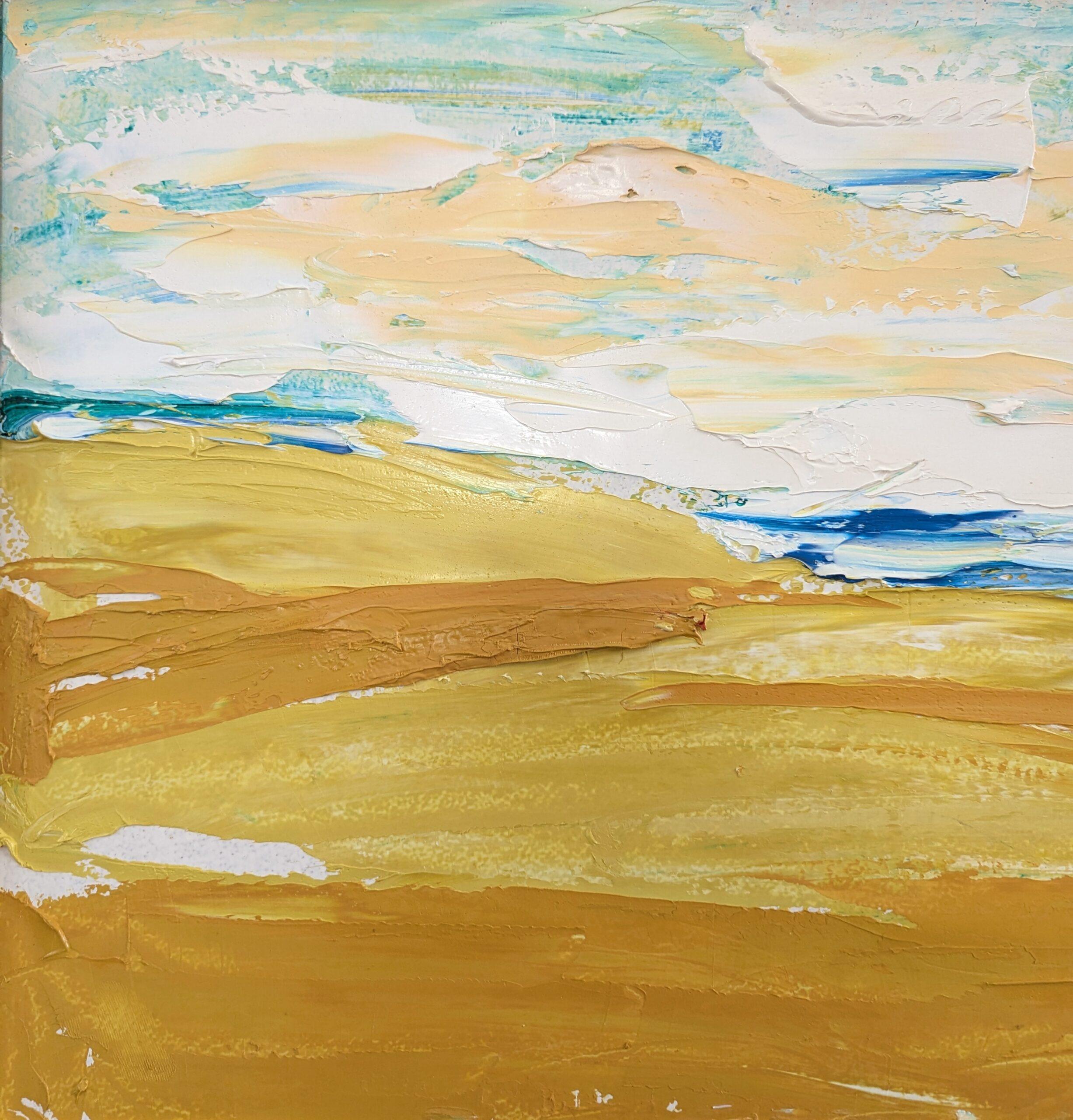 Pittura ad olio astratta di paesaggio della metà del secolo scorso - Orizzonte d'oro in vendita 5