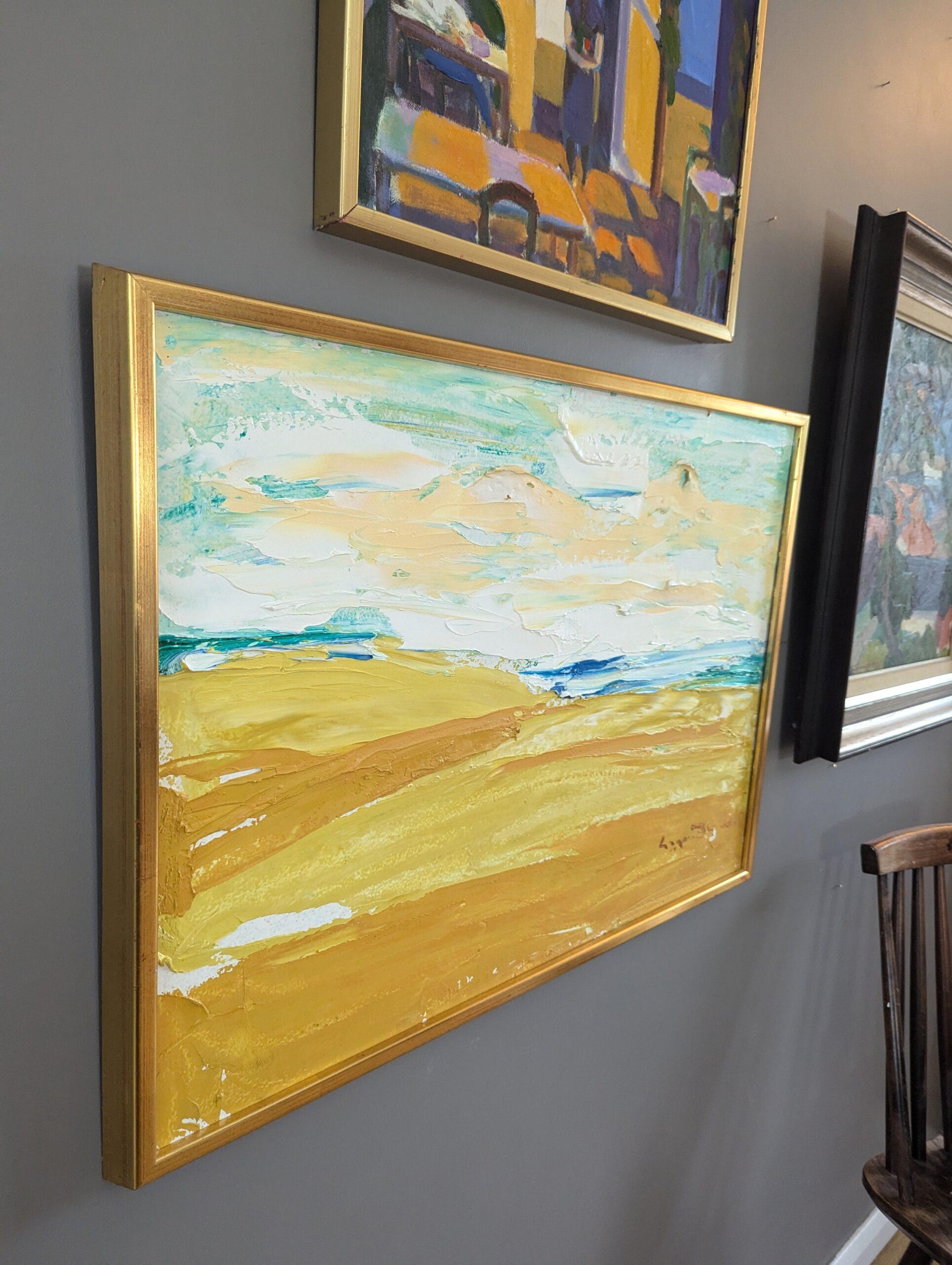 ORIZZONTE D'ORO
Olio su tavola
Dimensioni: 53 x 73 cm (cornice inclusa)

Una composizione paesaggistica astratta di metà secolo, serena ma energica e con una bella struttura, dipinta a olio su tela.

Anche se di natura astratta, il dipinto cattura