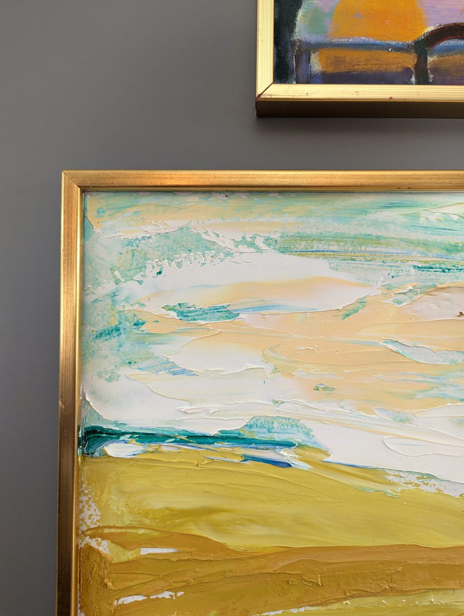 Pittura ad olio astratta di paesaggio della metà del secolo scorso - Orizzonte d'oro in vendita 2