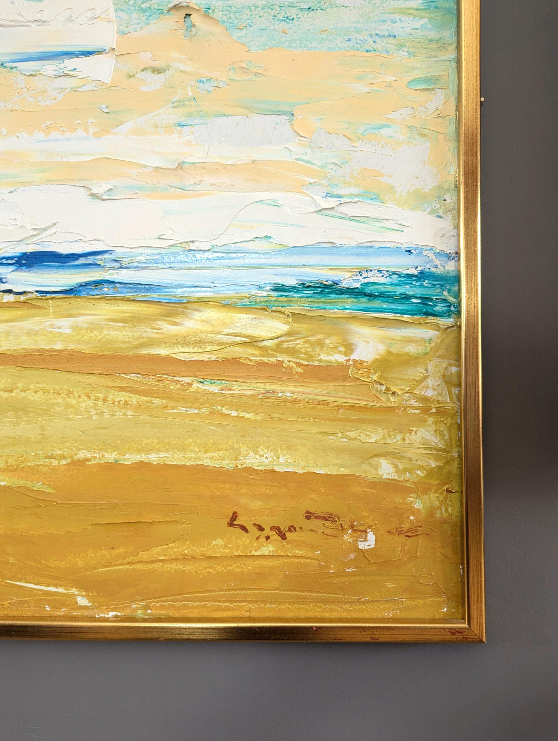 Pittura ad olio astratta di paesaggio della metà del secolo scorso - Orizzonte d'oro in vendita 3