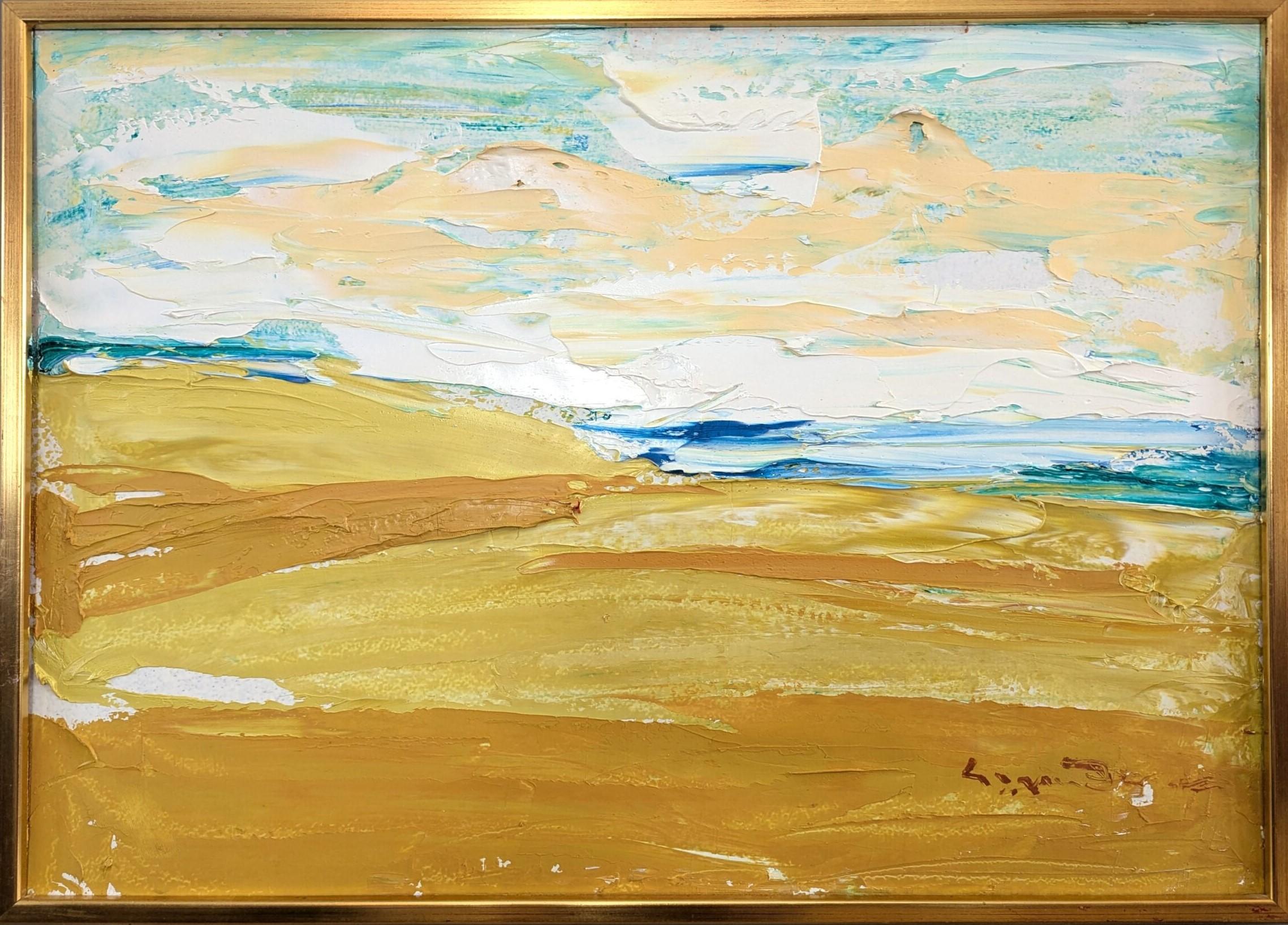 Pittura ad olio astratta di paesaggio della metà del secolo scorso - Orizzonte d'oro