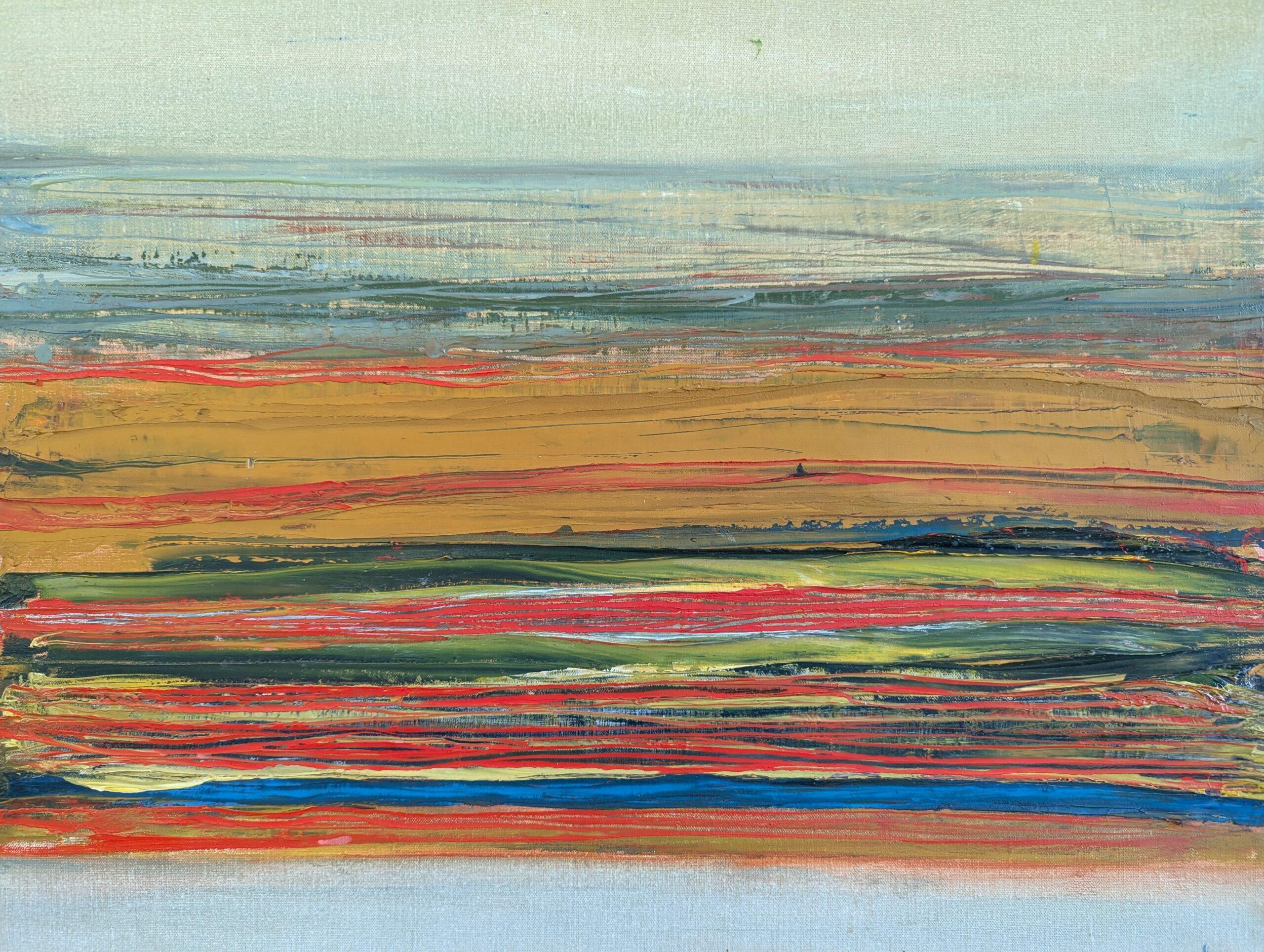 Abstrakte Vintage-Landschaft, Ölgemälde, Mid-Century Modern, Vintage, geschichtetes Horizont im Angebot 5