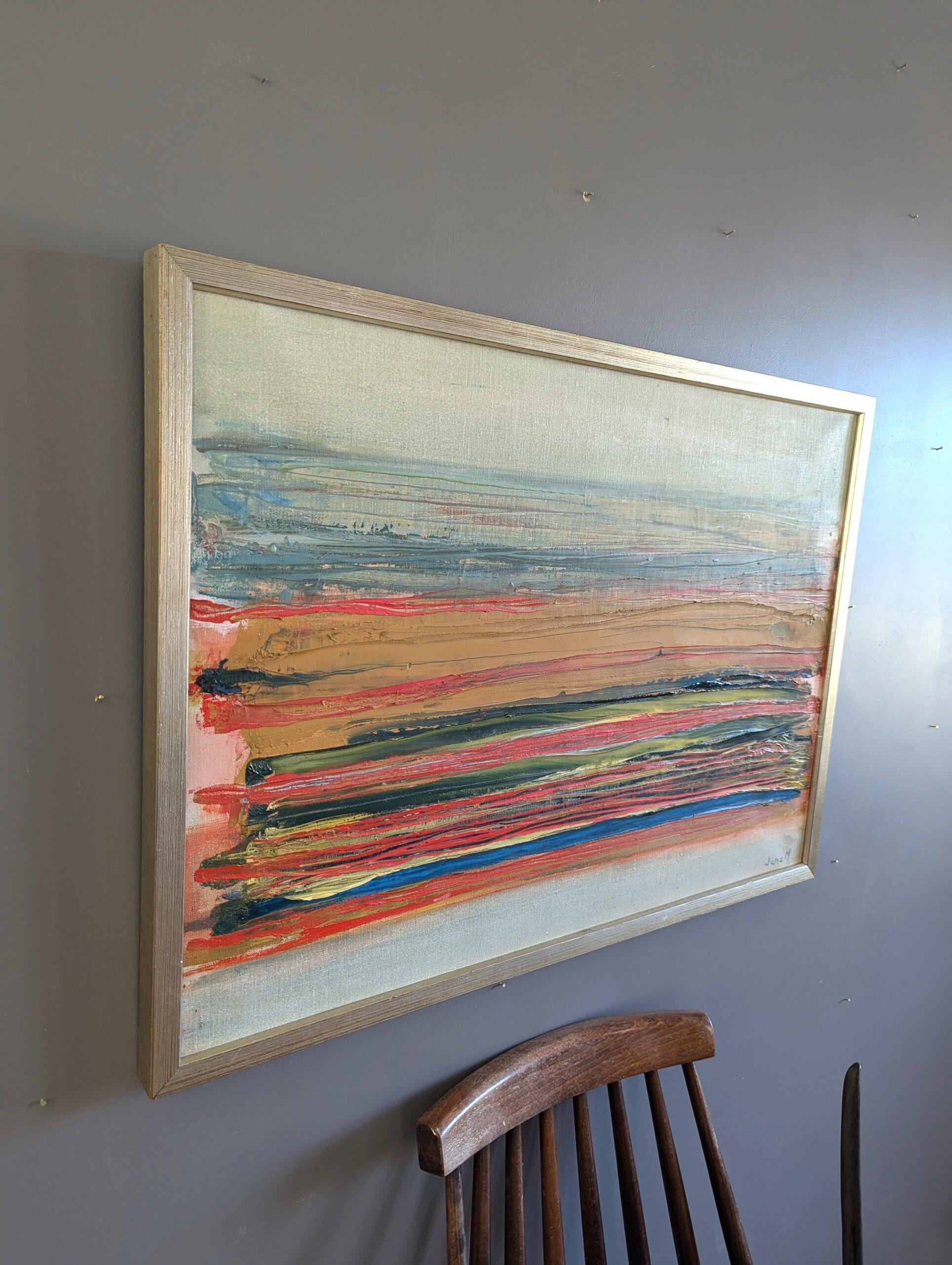 Abstrakte Vintage-Landschaft, Ölgemälde, Mid-Century Modern, Vintage, geschichtetes Horizont (Braun), Abstract Painting, von Unknown