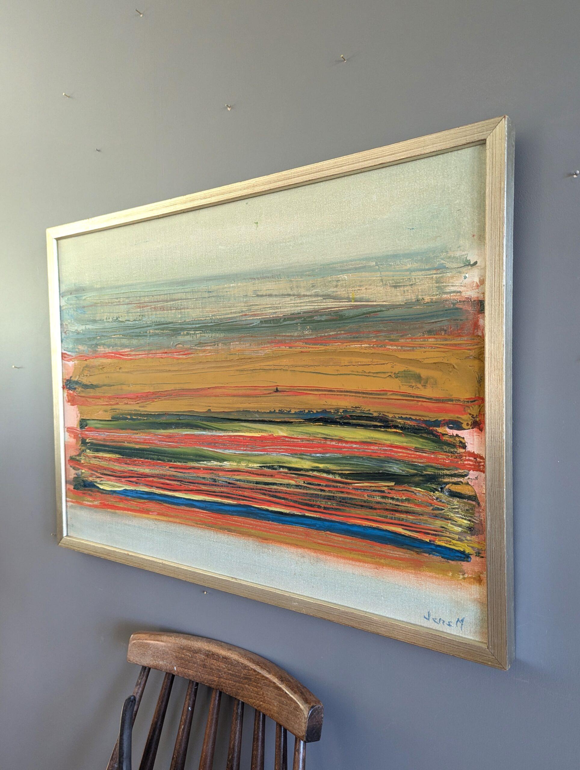 SCHICHTHORIZONT
Größe: 50 x 70 cm (einschließlich Rahmen)
Öl auf Leinwand

Ein fesselndes und eindrucksvolles abstraktes Landschaftsgemälde aus der Mitte des Jahrhunderts, das  fängt eine dynamische und ausdrucksstarke Interpretation eines weiten