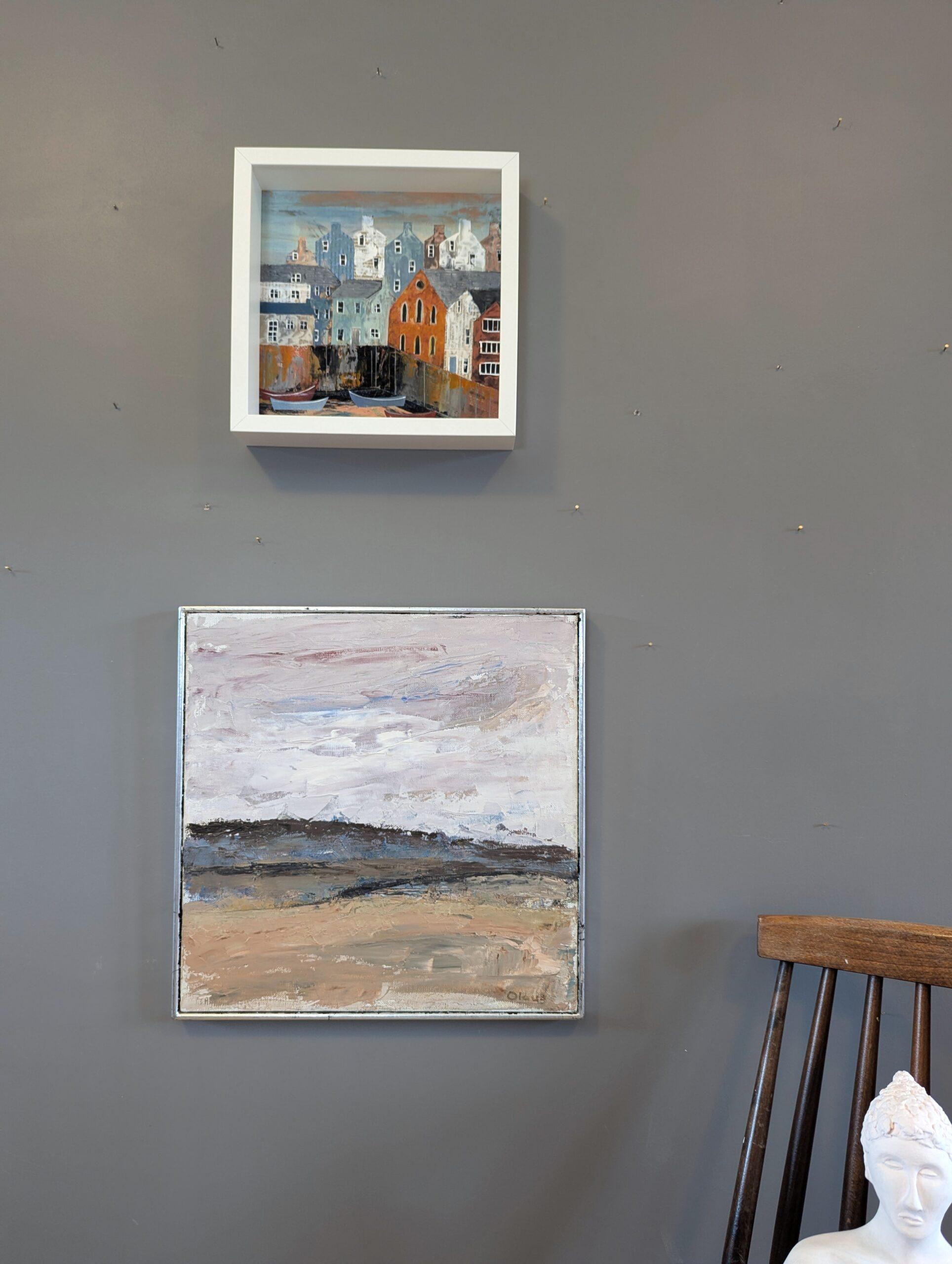 Pintura al óleo original Vintage Mid-Century Modern Abstract Landscape - Grounded - Abstract Painting Gris de Unknown