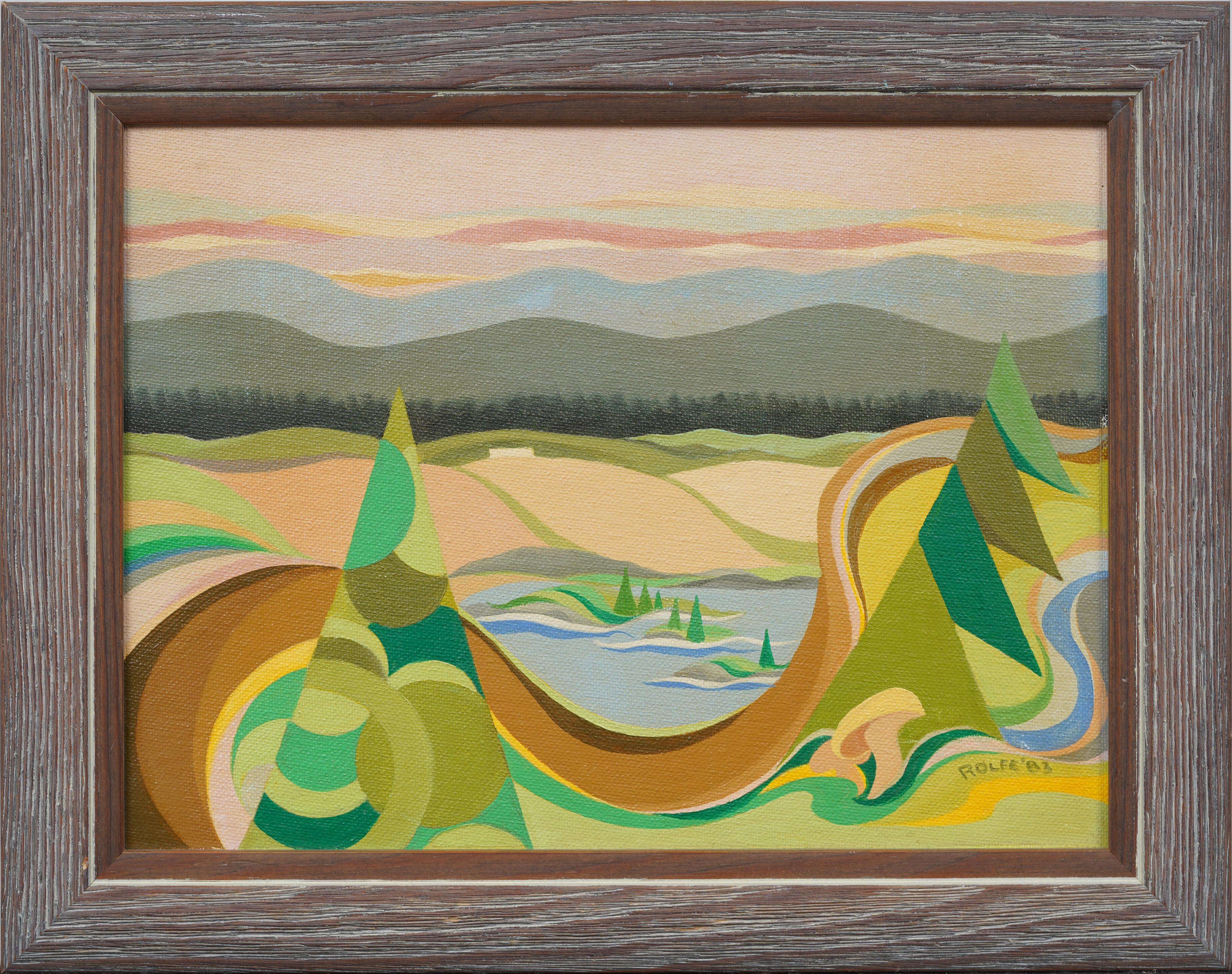 Vintage Mid Century Modern American Abstract Framed Landscape Signed Painting - Brown Abstract Painting by Unknown