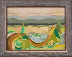 Vintage Mid Century Modern American Abstract Paesaggio incorniciato dipinto con firma