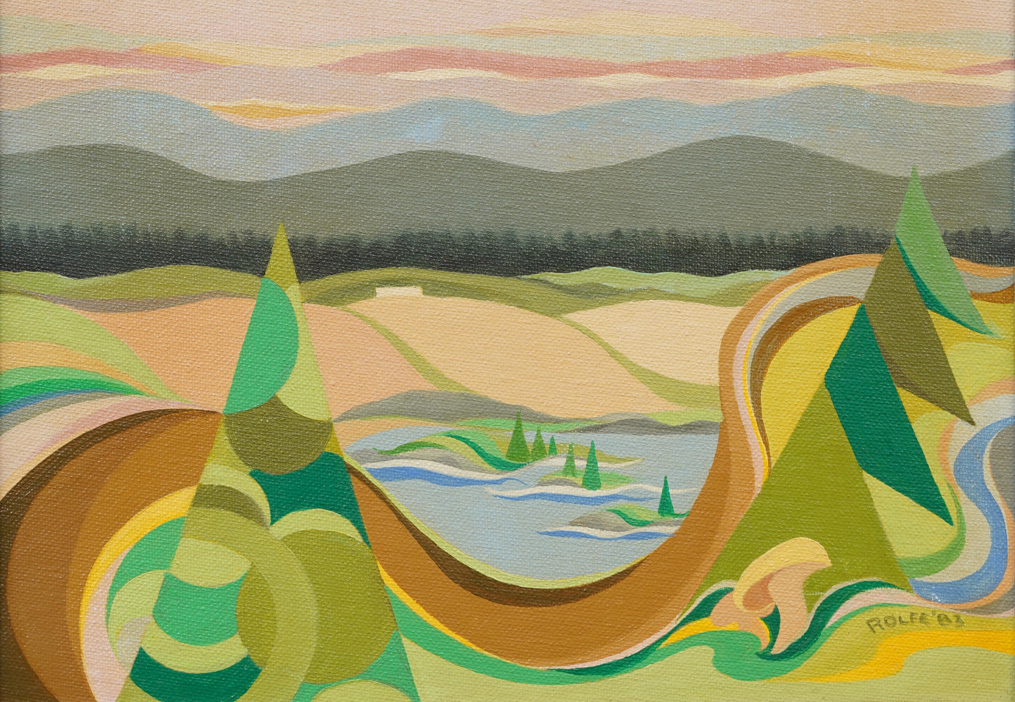 Vintage Mid Century Modern American Abstract Framed Landscape Signed Painting For Sale 1
